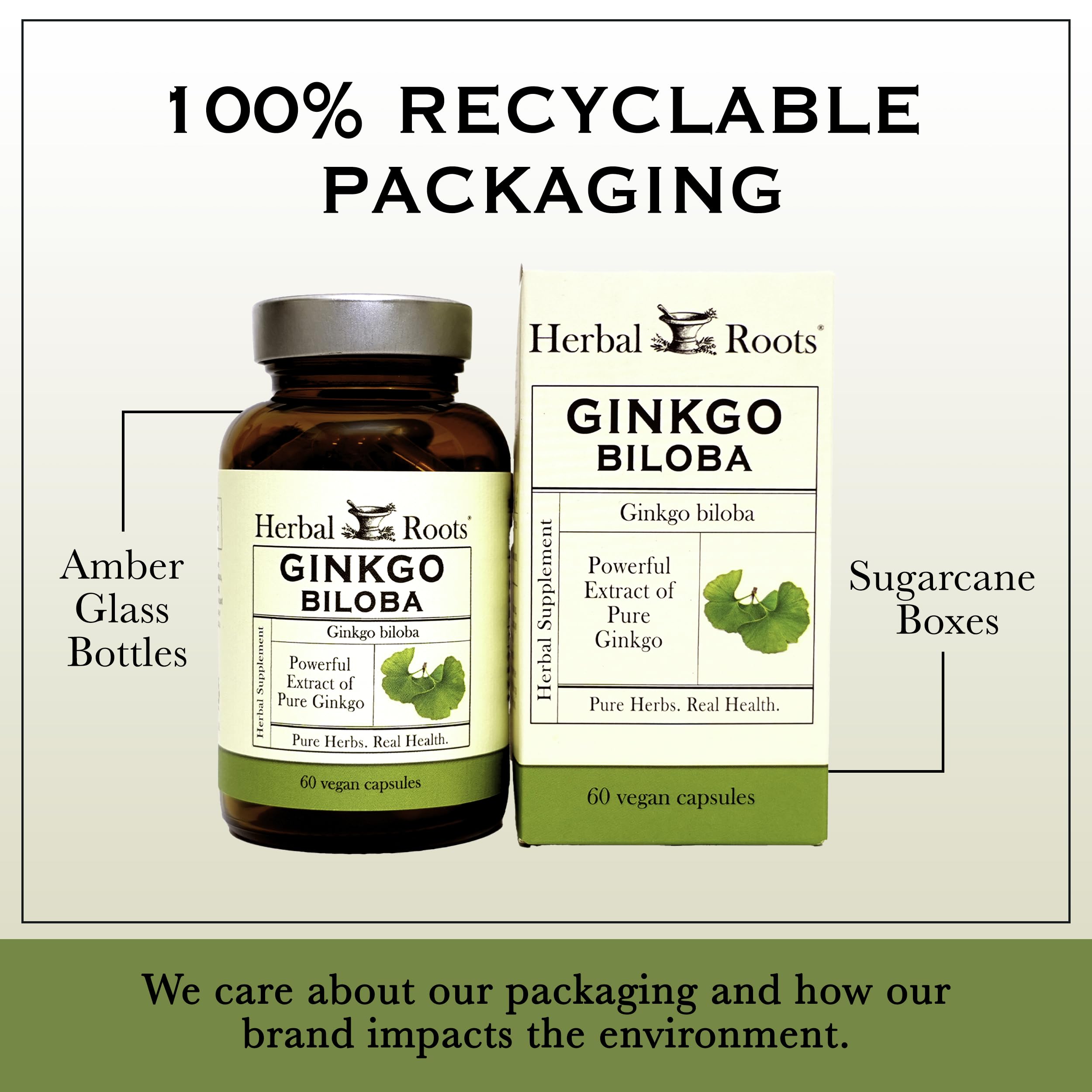 Herbal Roots Ginkgo Biloba – envase de 60 cápsulas para conservar la frescura.