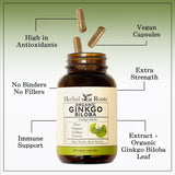 Herbal Roots Ginkgo Biloba – etiqueta clara para control de calidad.