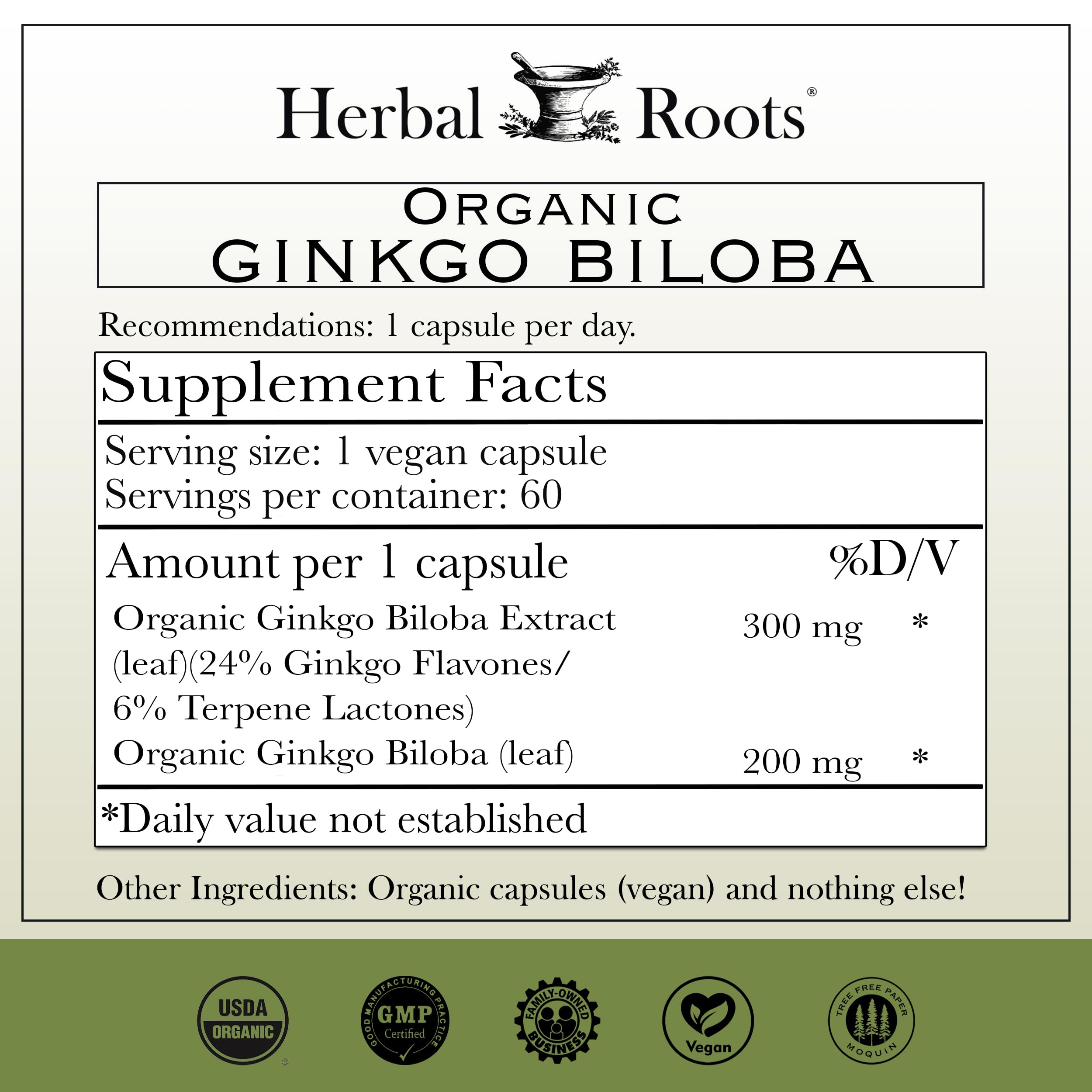 Herbal Roots Ginkgo Biloba – extracto natural para uso diario.