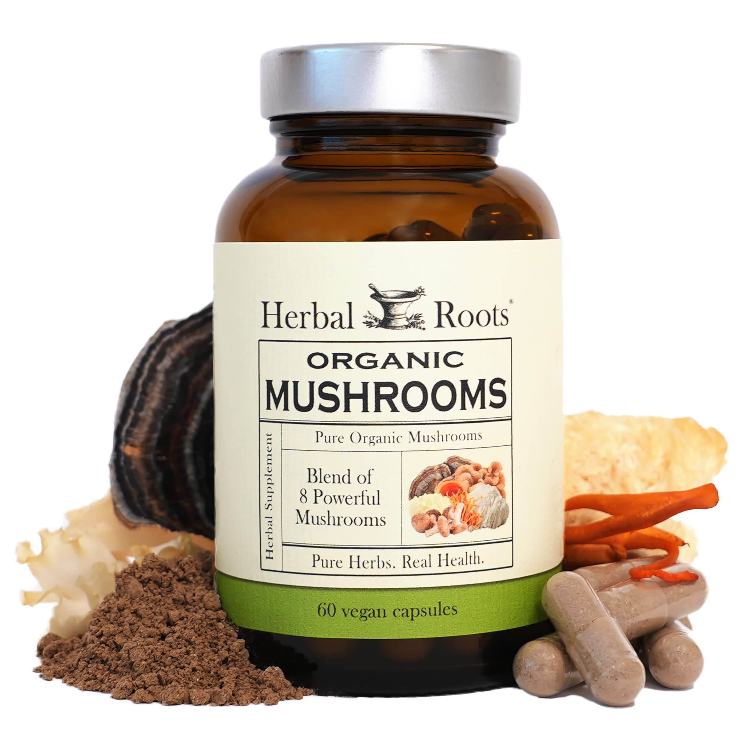 Herbal Roots Mezcla 8 Hongos empaque: soporte diario para bienestar natural.