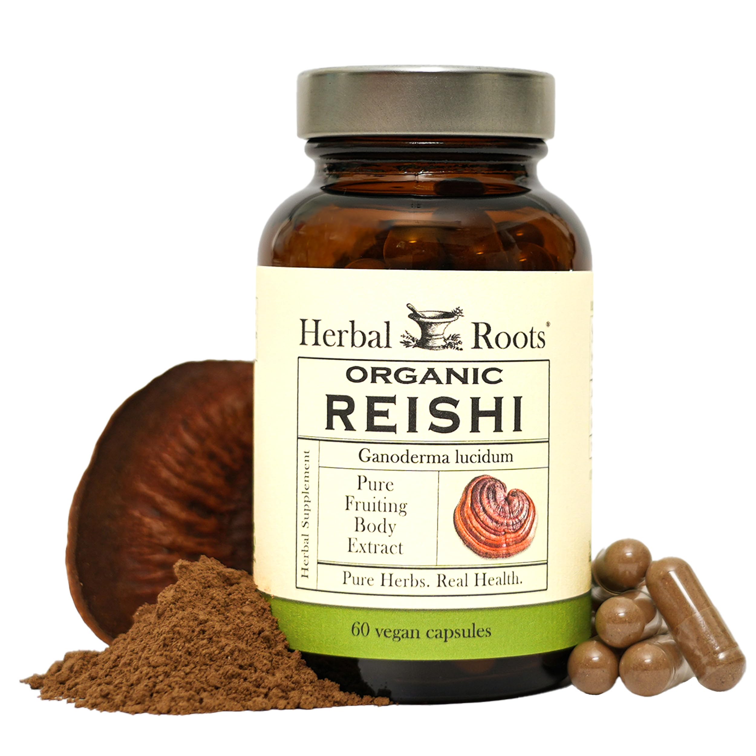 Cápsulas Herbal Roots Reishi, fácil de tragar para energía diaria.