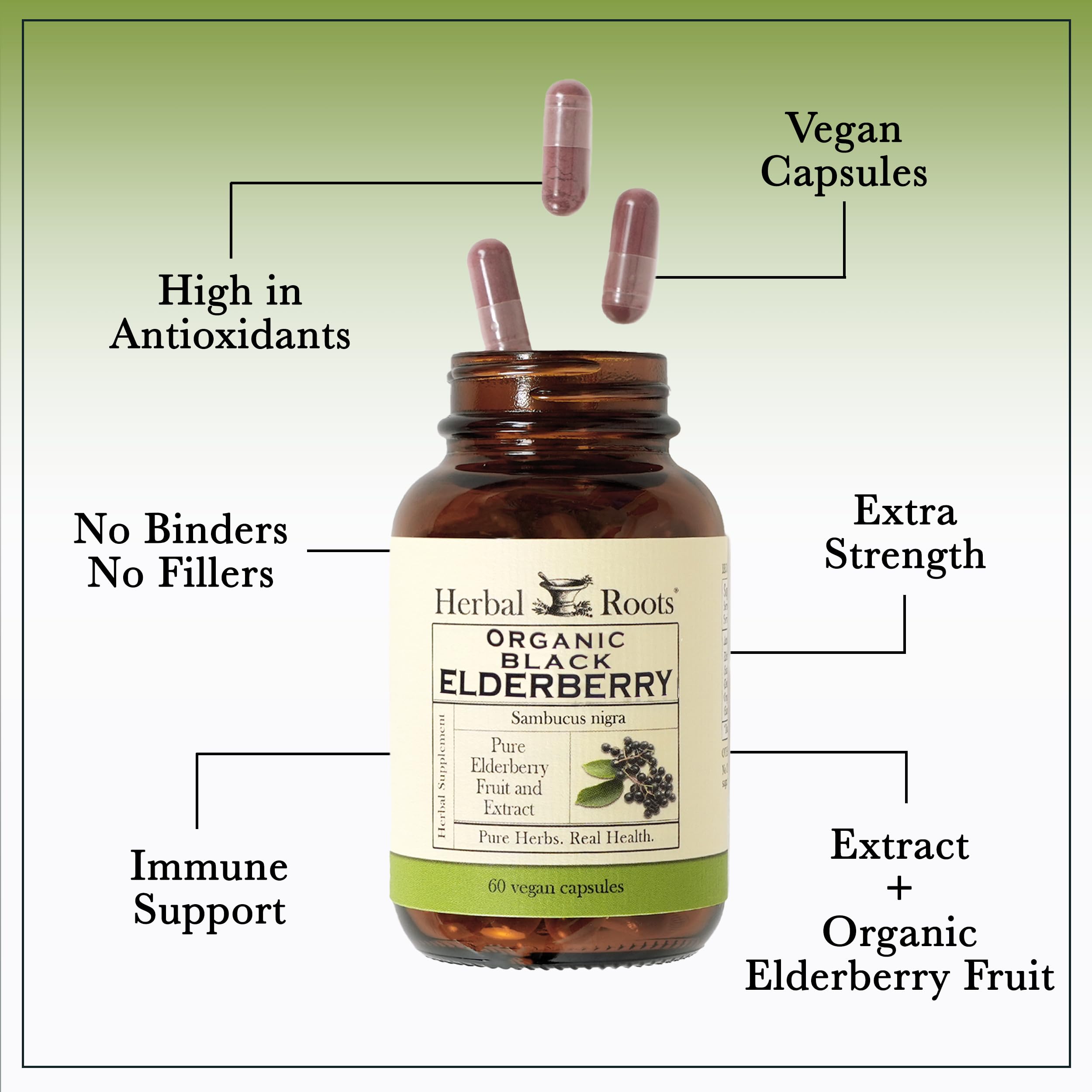 Herbal Roots Saúco Negro etiqueta detalle, información clara sobre ingredientes