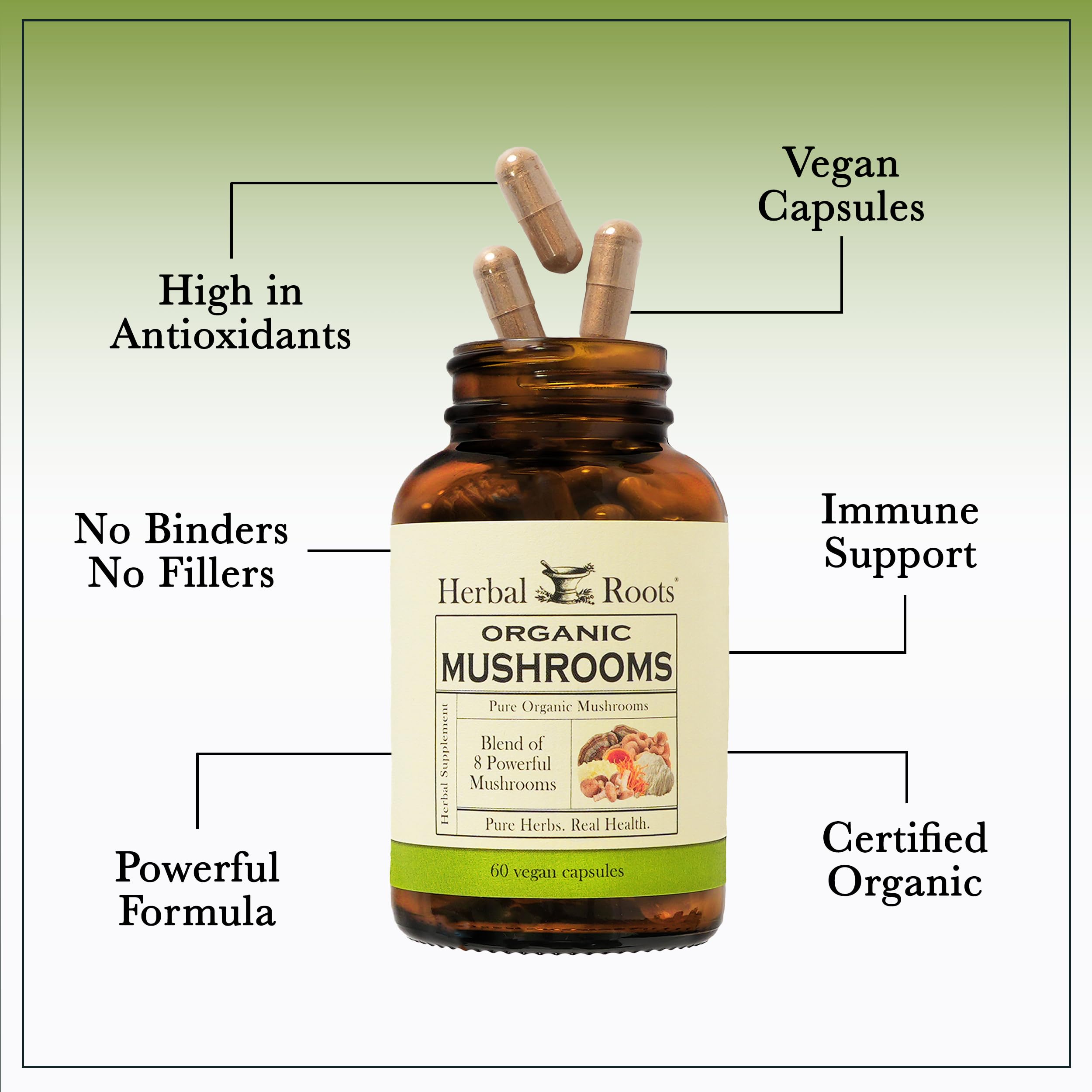 Herbal Roots Sin rellenos: cápsulas puras sin aditivos para uso diario.