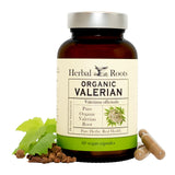 Botella de Herbal Roots Valerian, cápsulas de 900 mg para relajación nocturna.