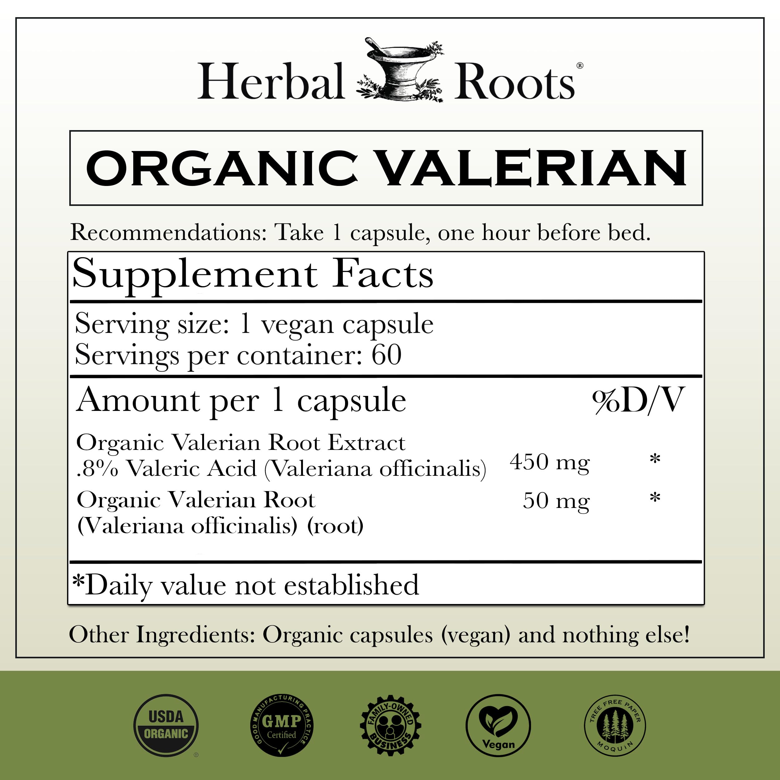 Caja de Herbal Roots Valerian, producto certificado orgánico y libre de OGMs.