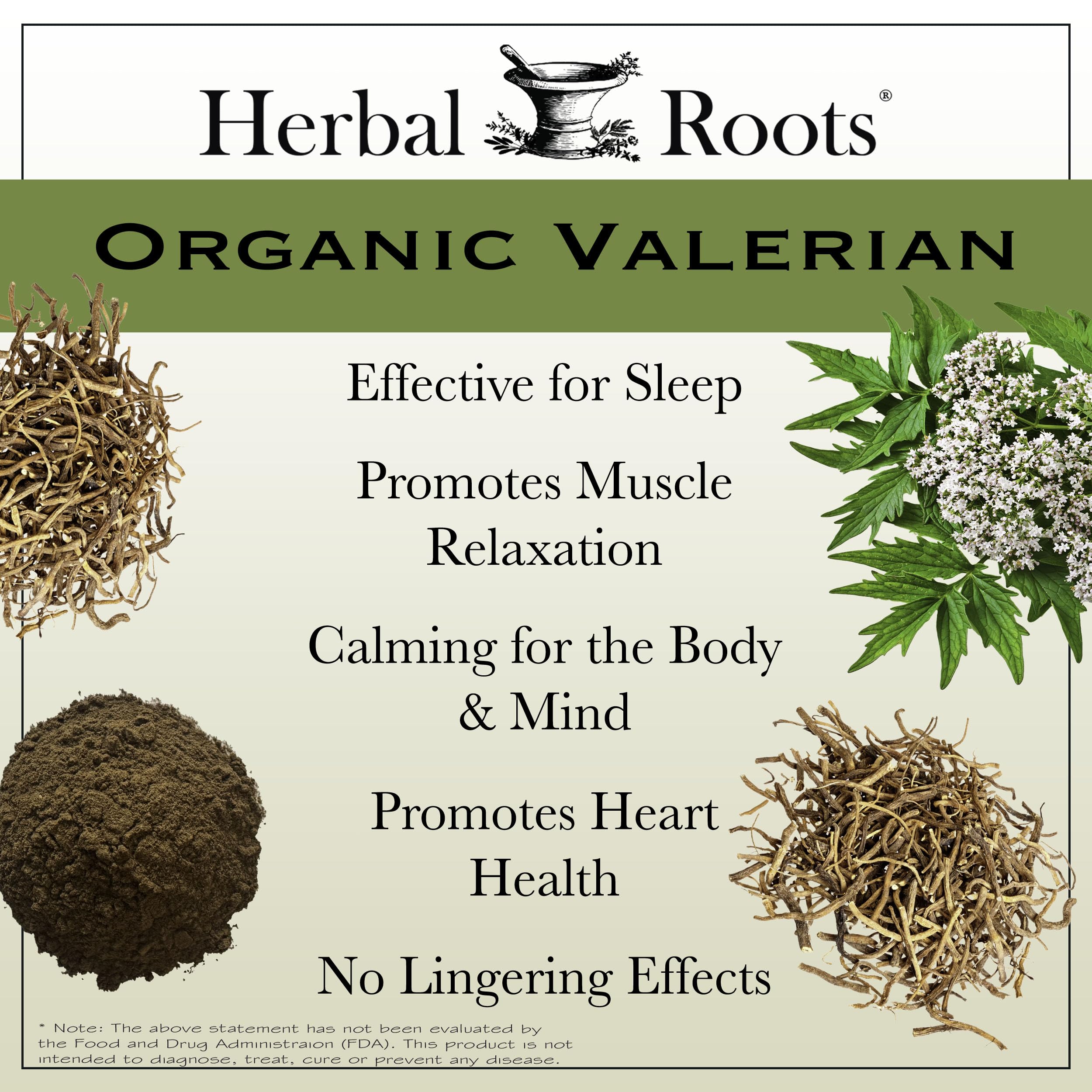 Etiqueta de Herbal Roots Valerian, indica origen orgánico y pruebas de terceros.