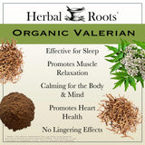 Etiqueta de Herbal Roots Valerian, indica origen orgánico y pruebas de terceros.