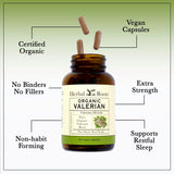 Capsulas orgánicas de Herbal Roots Valerian, alta potencia para calma sostenida.