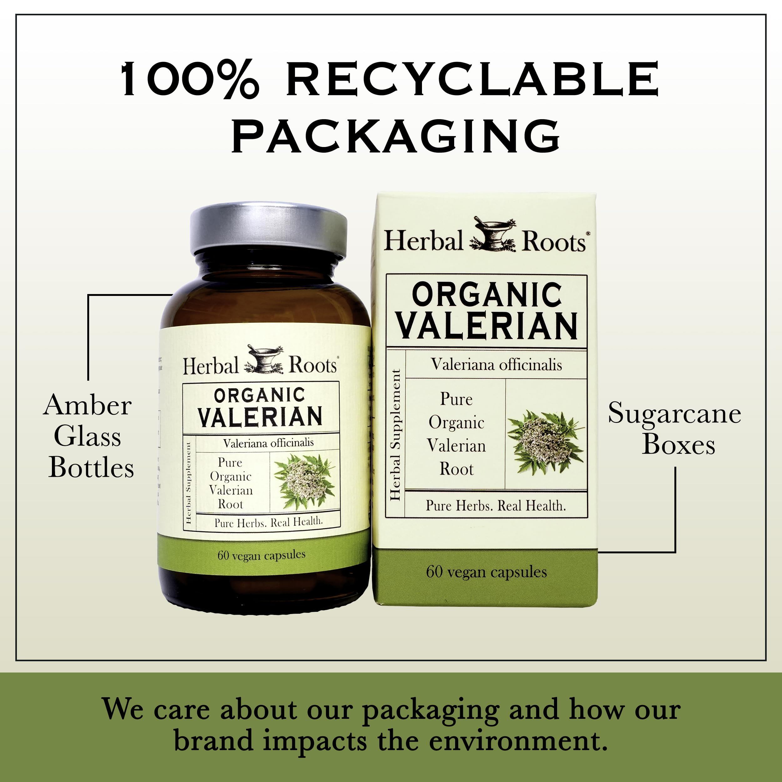 Capsulas veganas de Herbal Roots Valerian, aptas para dietas sin productos animales.