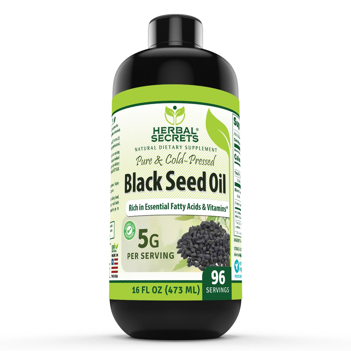 Herbal Secrets Aceite de Semilla Negra, botella de 16 onzas, uso diario saludable.