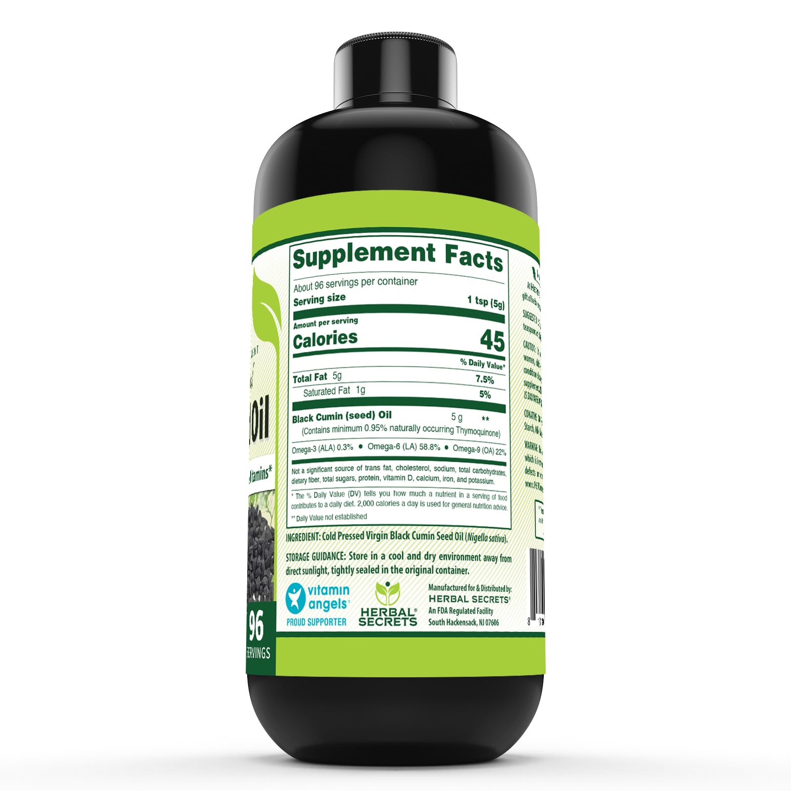 Herbal Secrets Aceite de Semilla Negra, dosificación una cucharadita para beneficio diario.