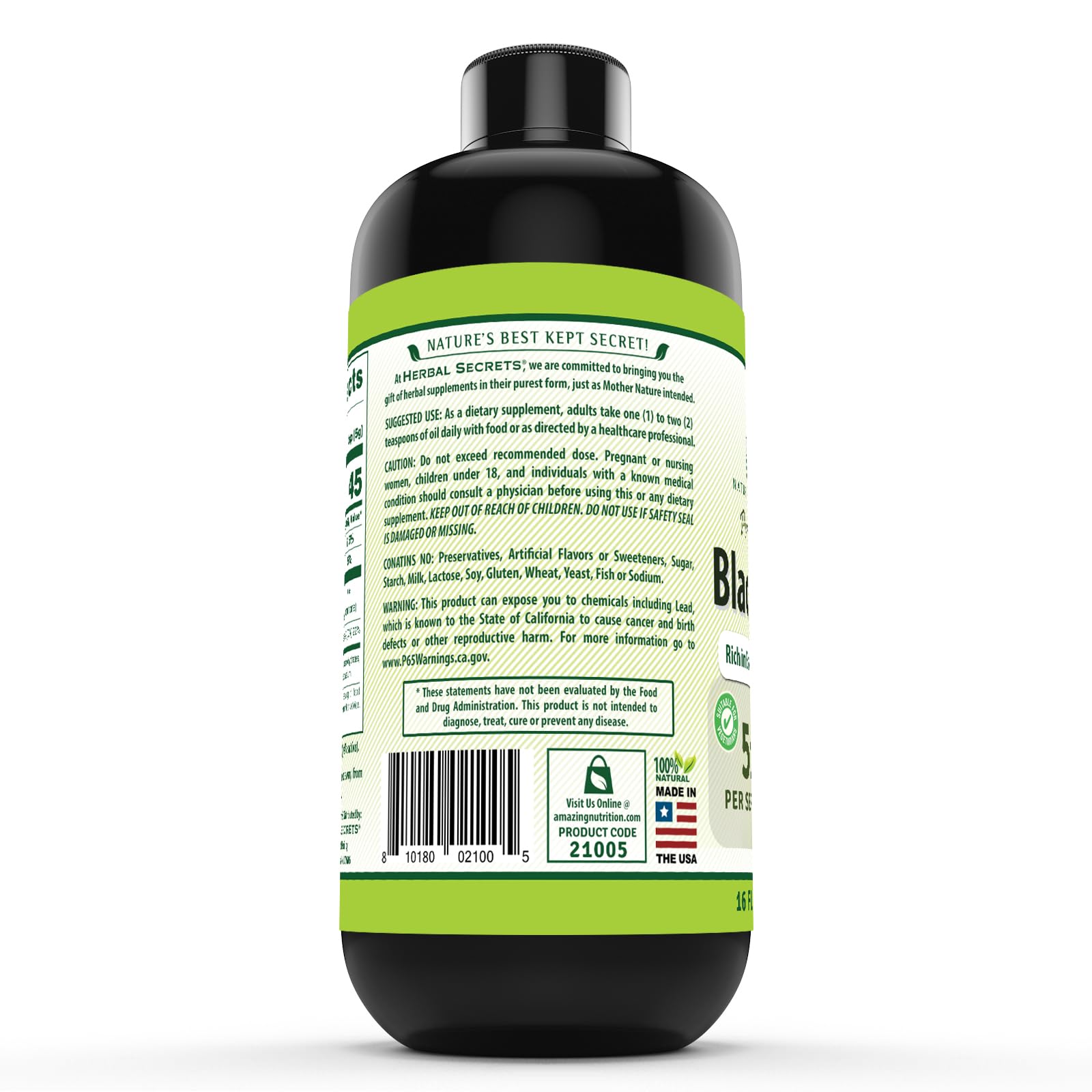Herbal Secrets Aceite de Semilla Negra, textura suave para añadir a bebidas o comidas.