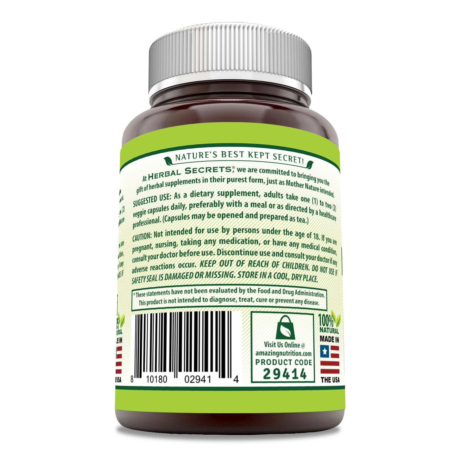 Herbal Secrets Bardana, etiqueta y empaque para almacenamiento seguro.