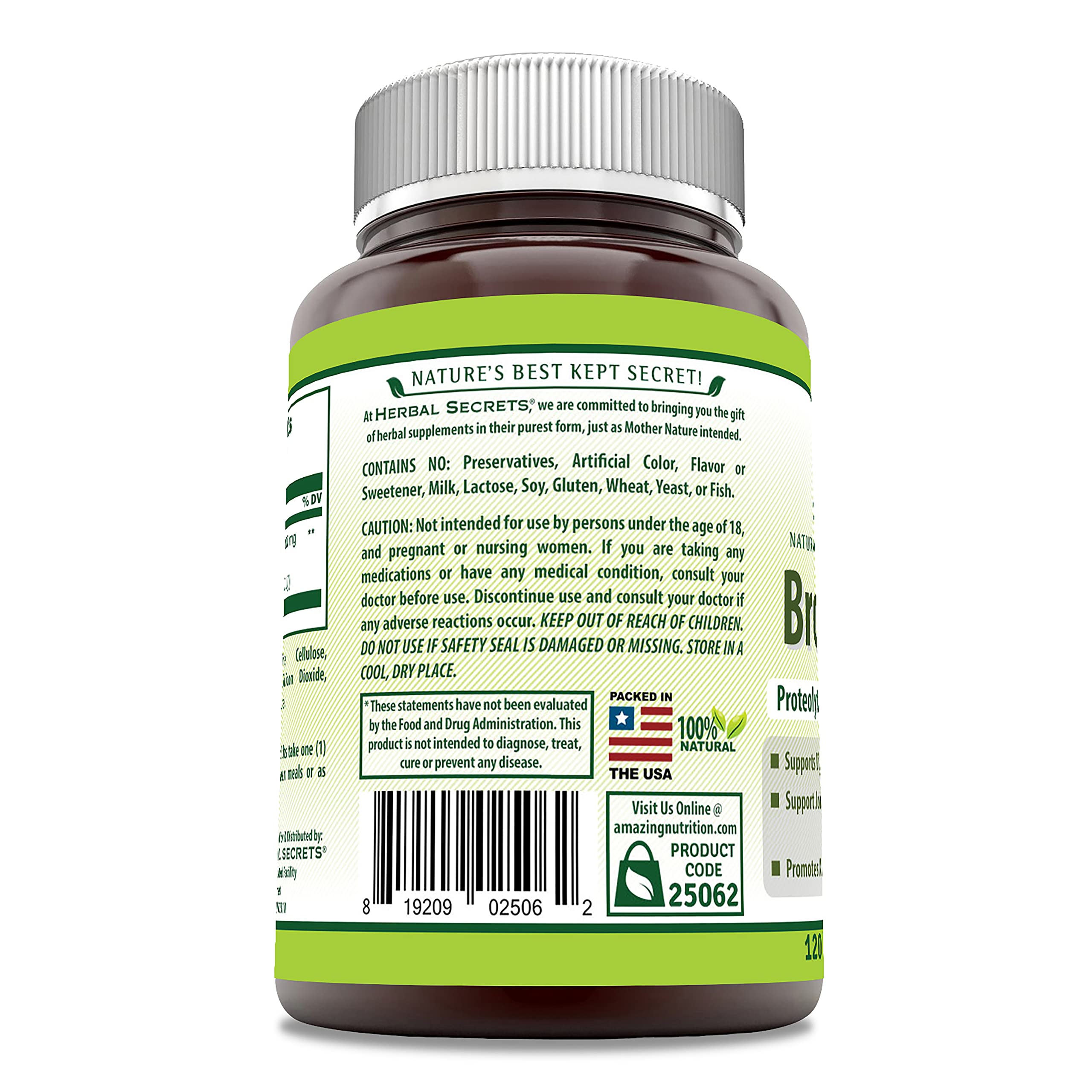 Envase de 120 tabletas de Bromelina Herbal Secrets para suministro prolongado