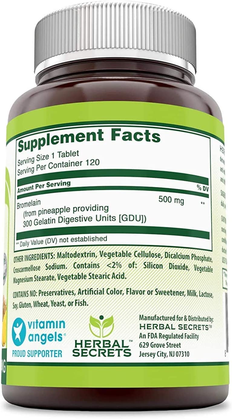 Etiqueta de Bromelina Herbal Secrets mostrando pureza y pruebas