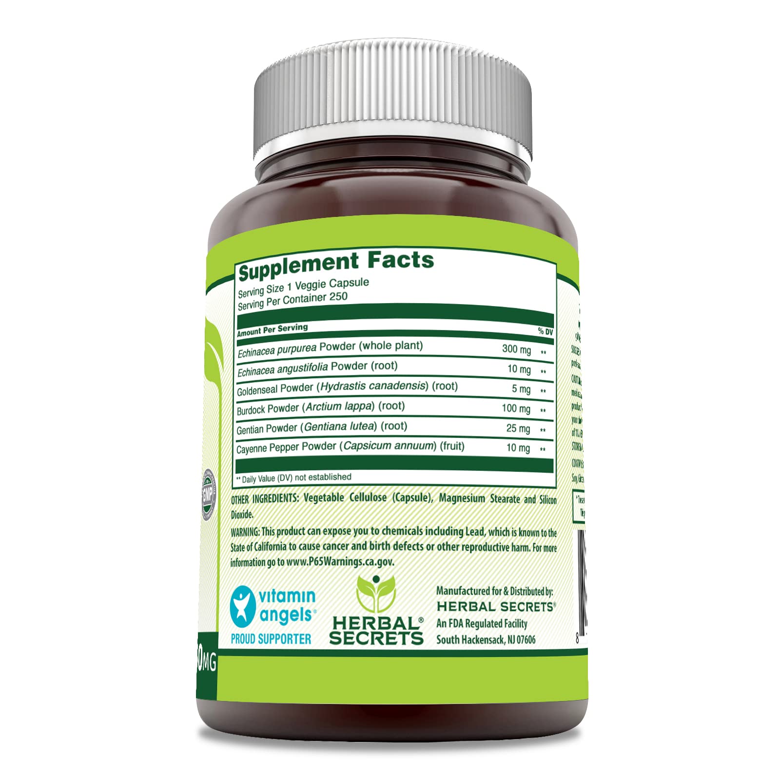 Herbal Secrets Echinacea y Goldenseal, etiqueta de calidad, garantía de pureza