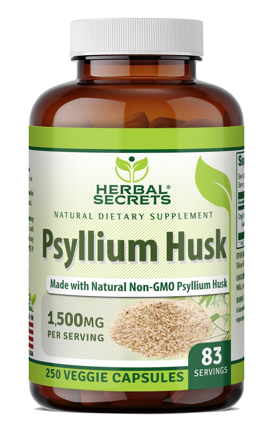Botella Herbal Secrets Psyllium Husk 500 mg para apoyo digestivo suave