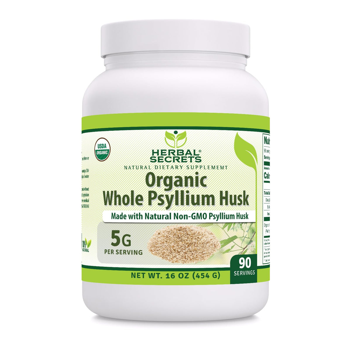 Herbal Secrets Psyllium Husk, porción 5 g para fibra diaria