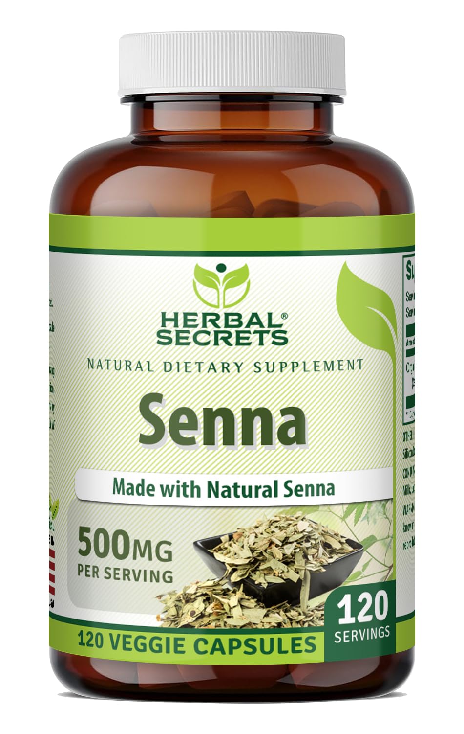 Herbal Secrets Senna 500 mg, cápsulas vegetales, apoyo digestivo suave.