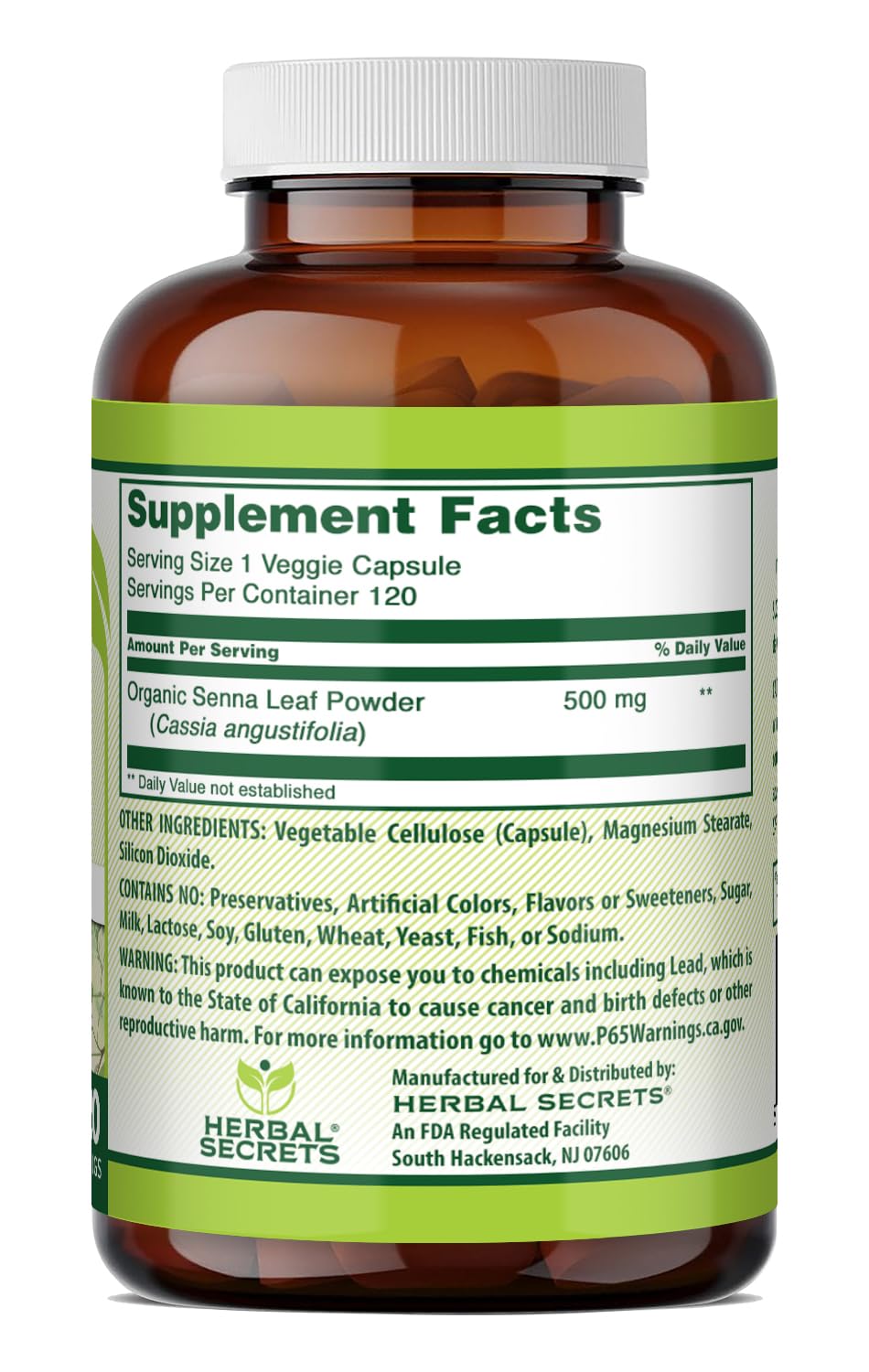 Frasco de Herbal Secrets Senna 500 mg, etiqueta clara y pureza garantizada.