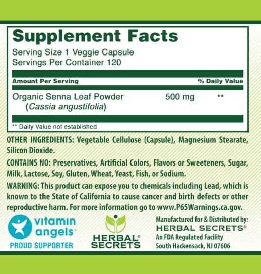 Herbal Secrets Senna 500 mg, sin OGM y sin gluten.