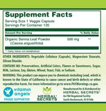 Herbal Secrets Senna 500 mg, sin OGM y sin gluten.