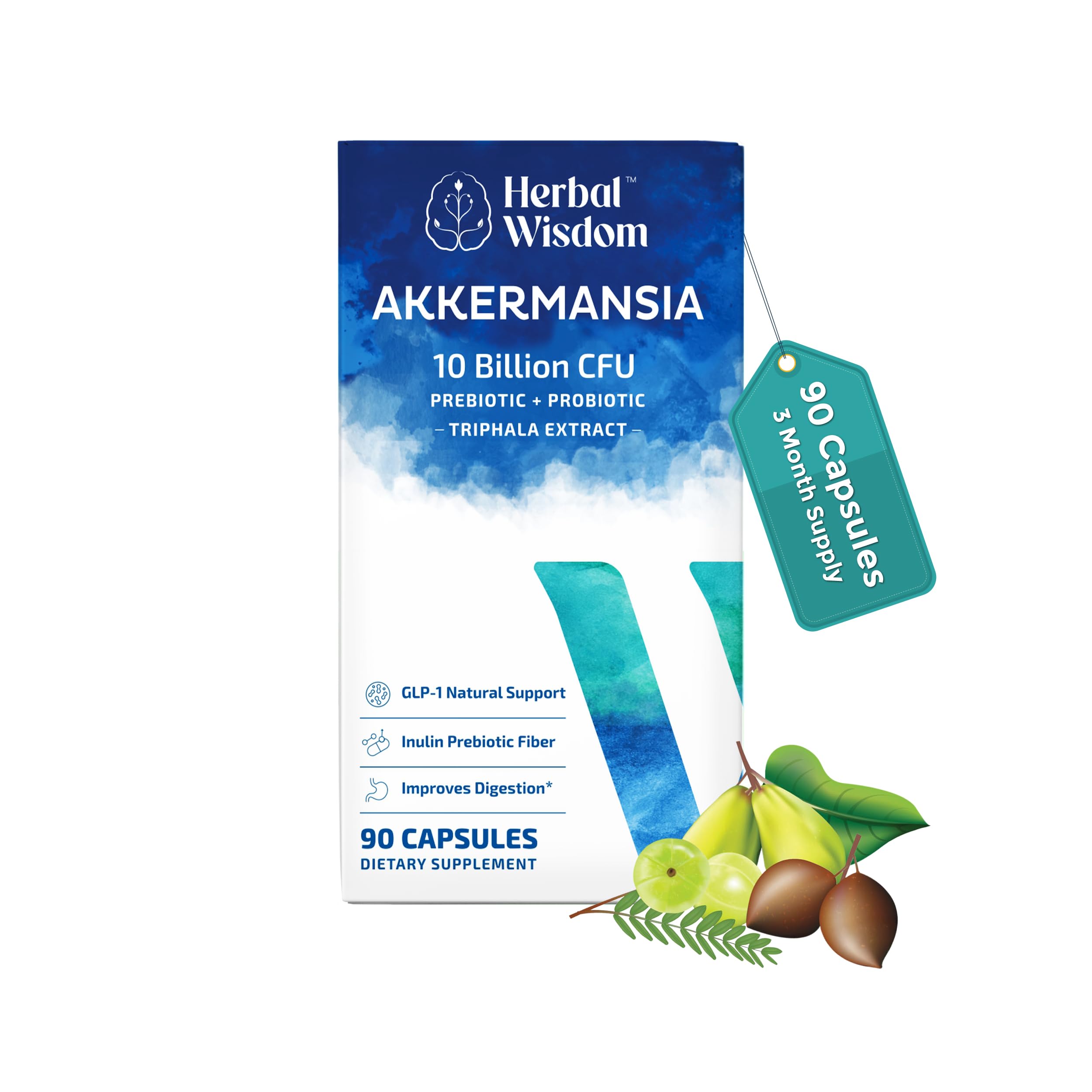Herbal Wisdom Akkermansia Probiotico en bote de 90 cápsulas para salud intestinal.