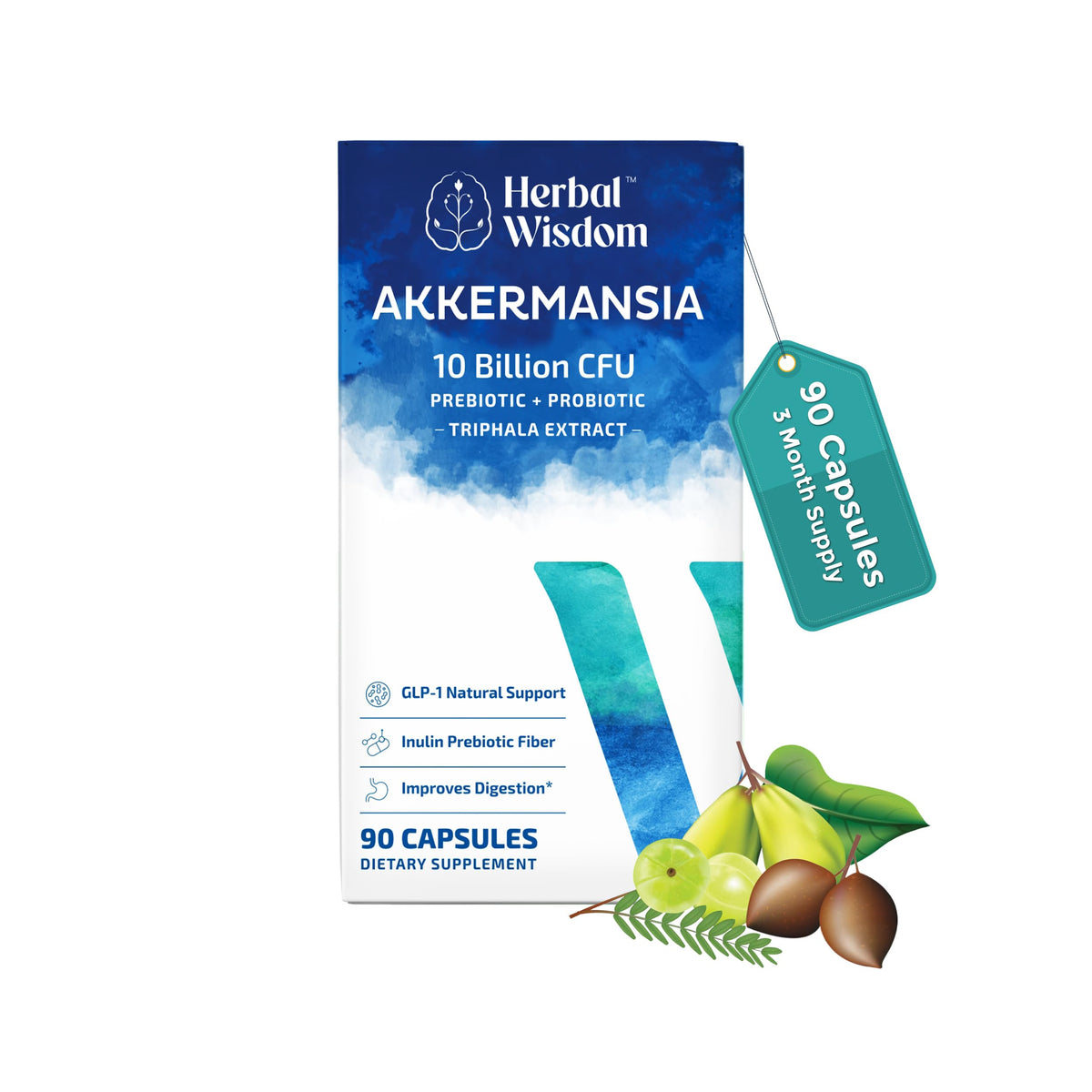 Herbal Wisdom Akkermansia Probiotico en bote de 90 cápsulas para salud intestinal.