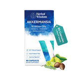 Herbal Wisdom Akkermansia Probiotico en bote de 90 cápsulas para salud intestinal.