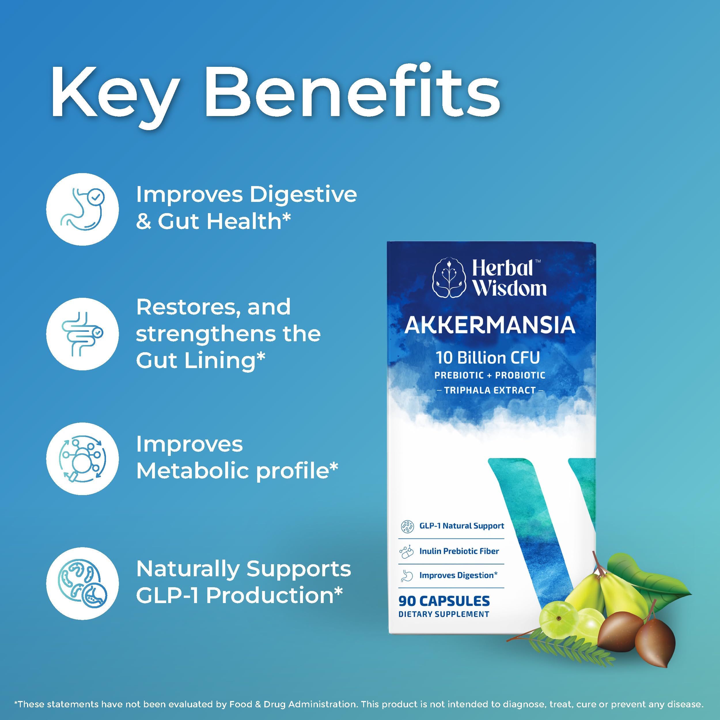 Etiqueta frontal de Herbal Wisdom Akkermansia Probiotico con información de beneficios digestivos.