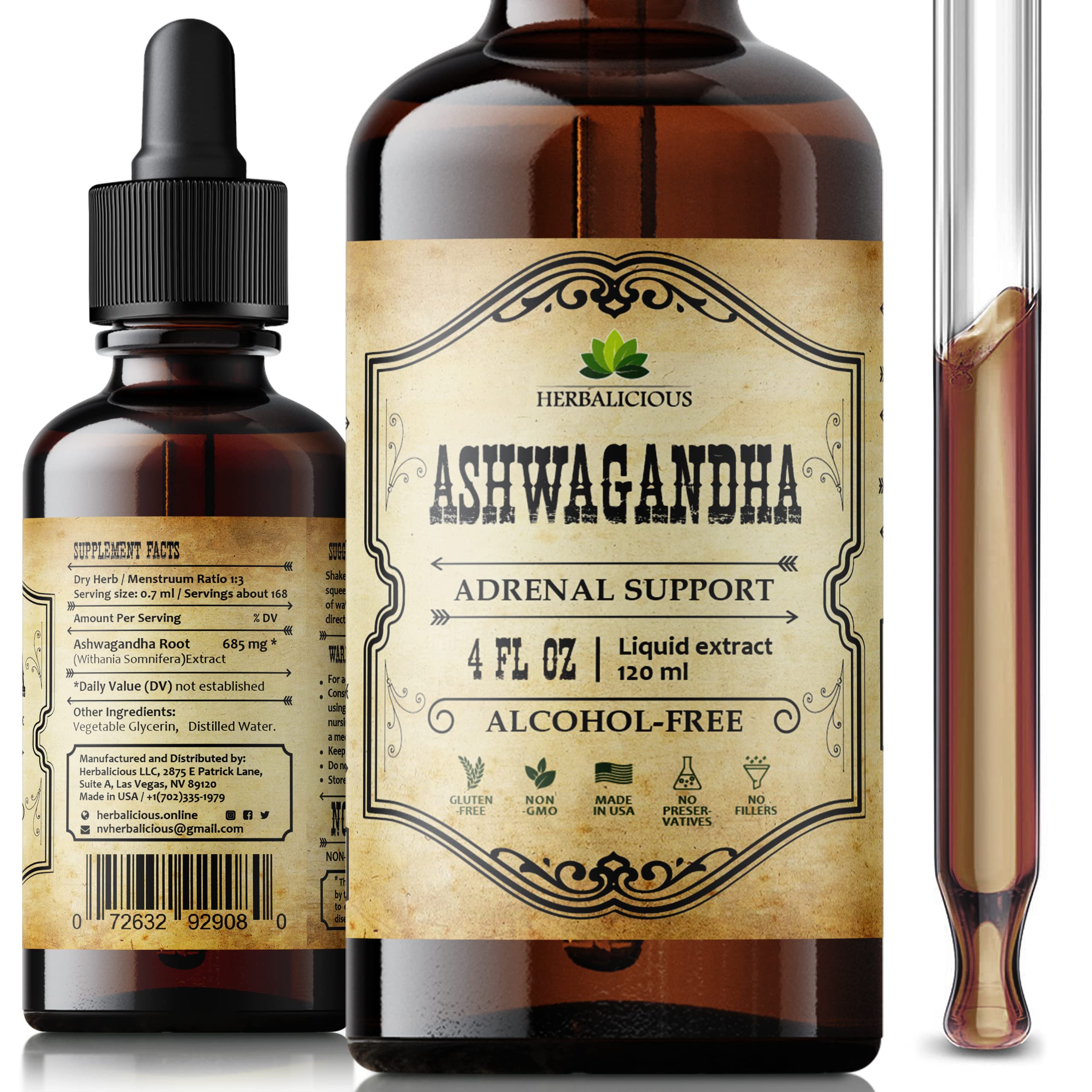 HERBALICIOUS Ashwagandha: gotas en botella para apoyo al estrés y calma diaria.