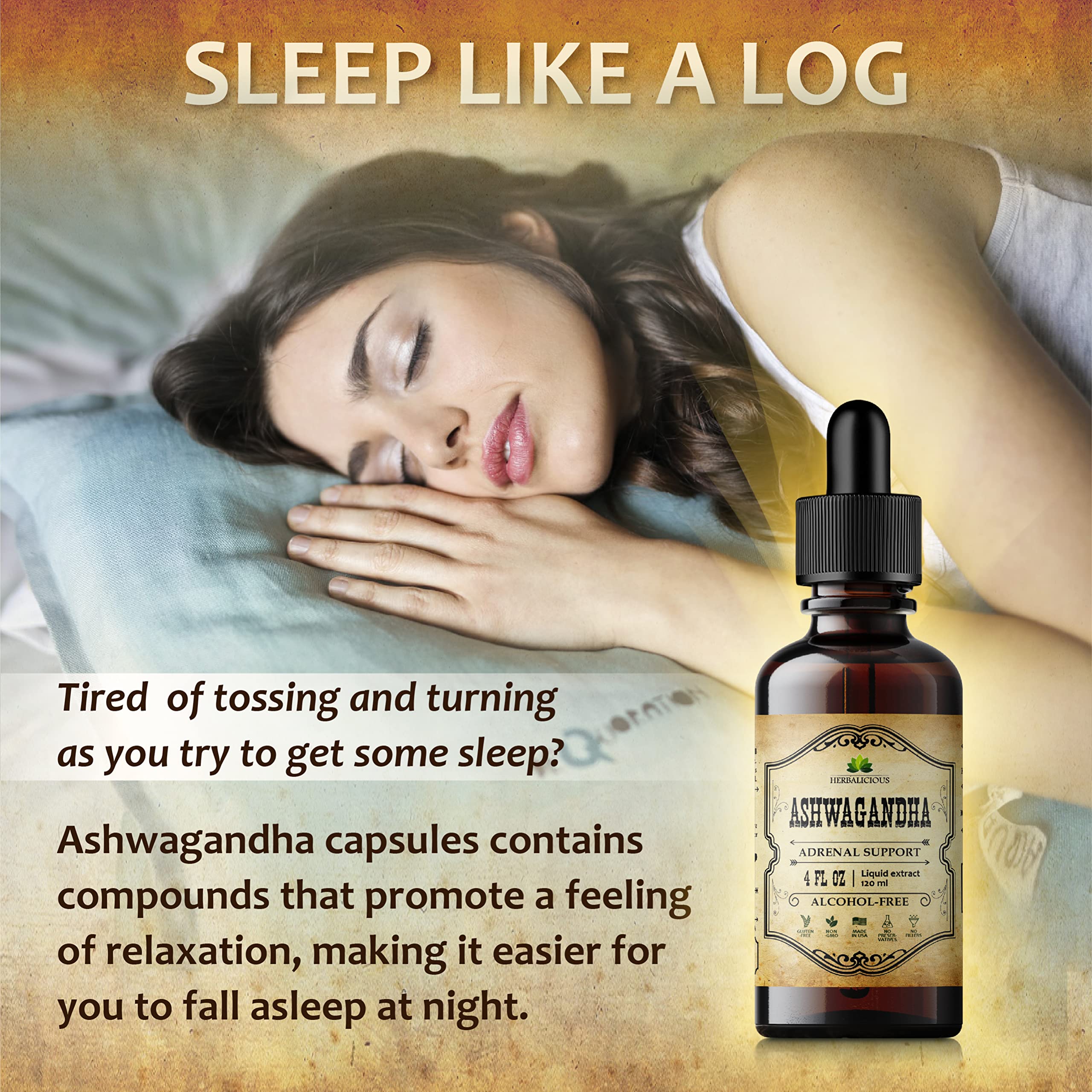 HERBALICIOUS Ashwagandha: etiqueta orgánica que destaca pureza y origen natural.