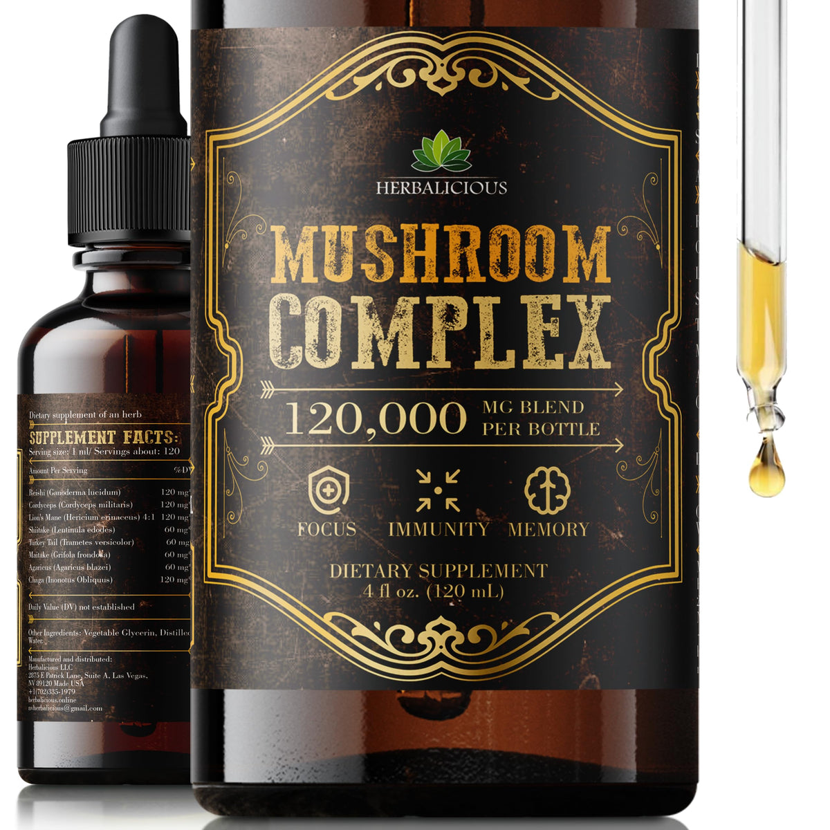 HERBALICIOUS: botella del complejo de hongos para enfoque diario.