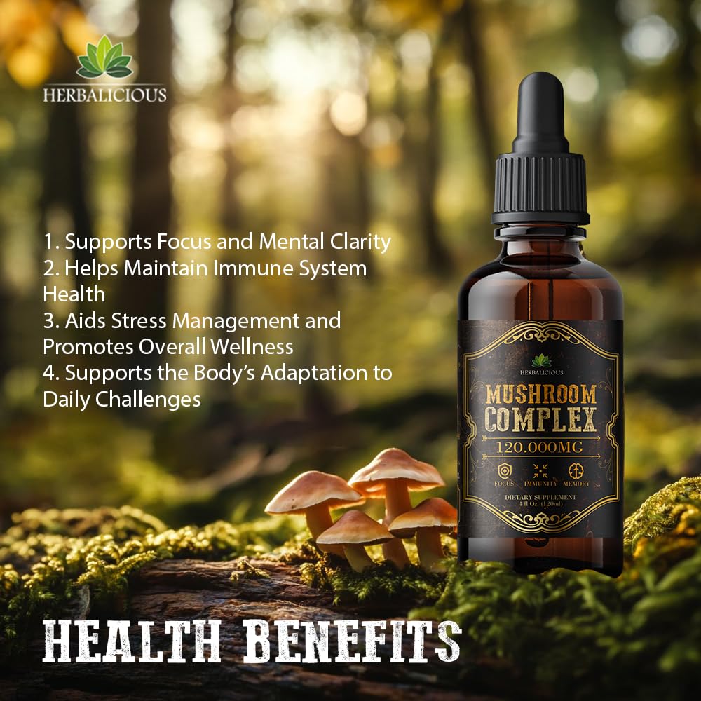 HERBALICIOUS: etiqueta del producto para identificar ocho hongos y beneficios.
