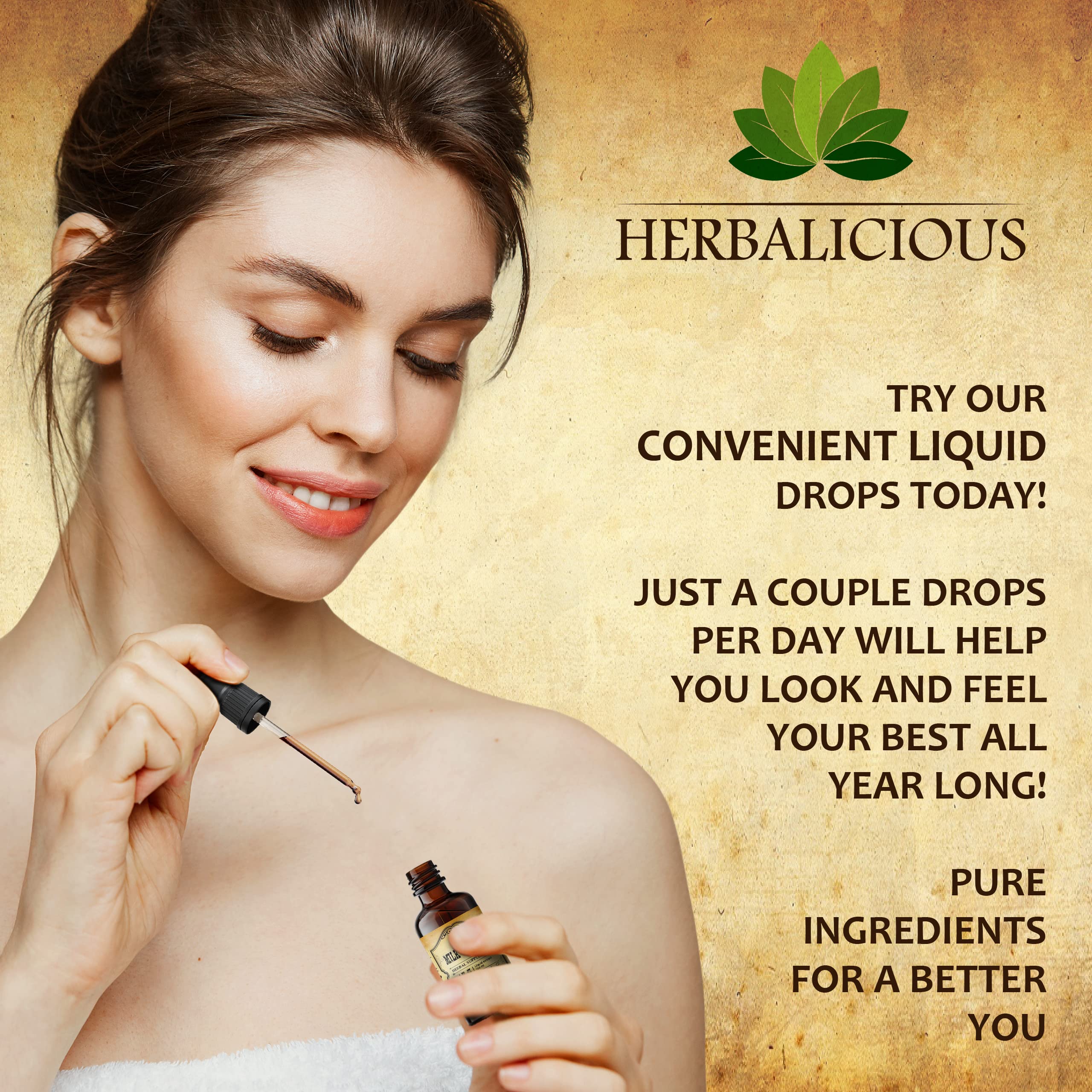 HERBALICIOUS Gotero muestra dosis para cuidado hepático diario.