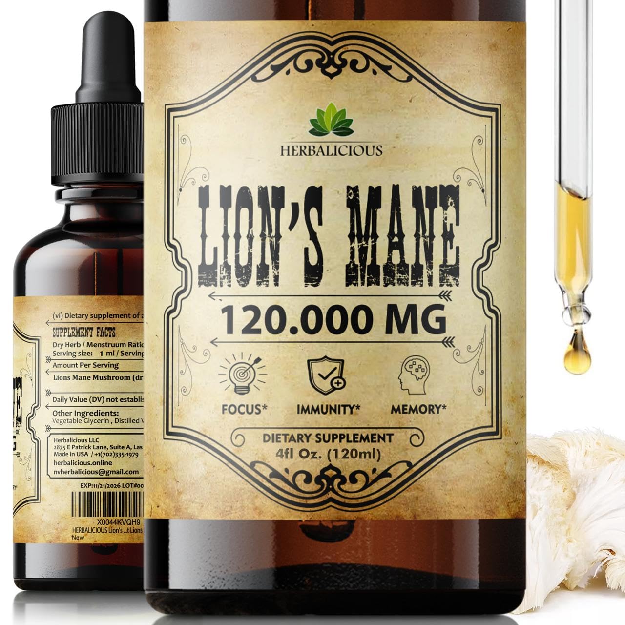 HERBALICIOUS extracto melena-de-leon en botella favorece concentración y enfoque.