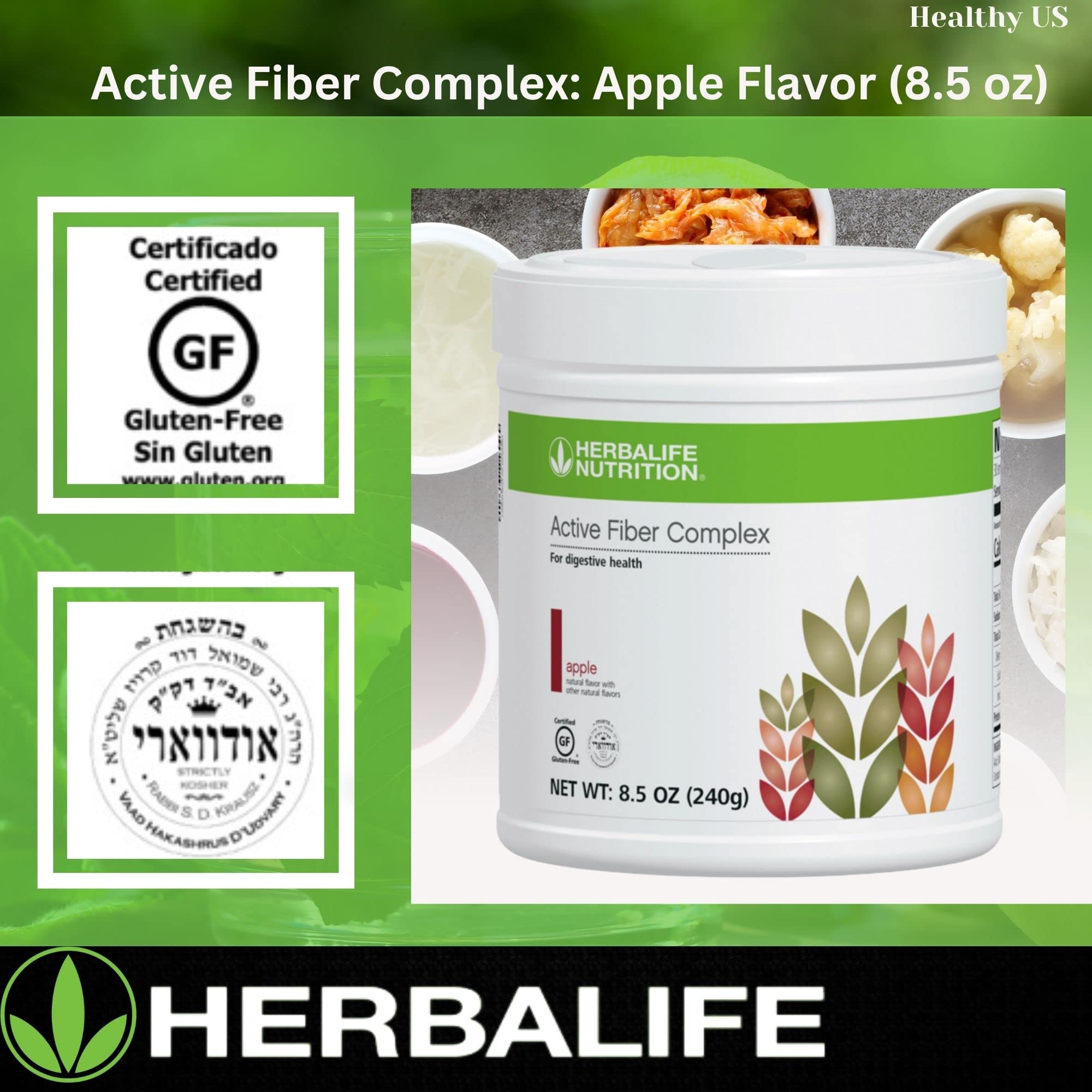Herbalife Active Fiber Complex Manzana, en vaso, mezcla rápida para bebidas saludables.