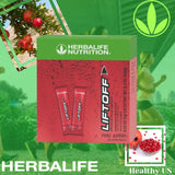 Letrero y envase de Liftoff Herbalife con enfoque en conveniencia de viaje.