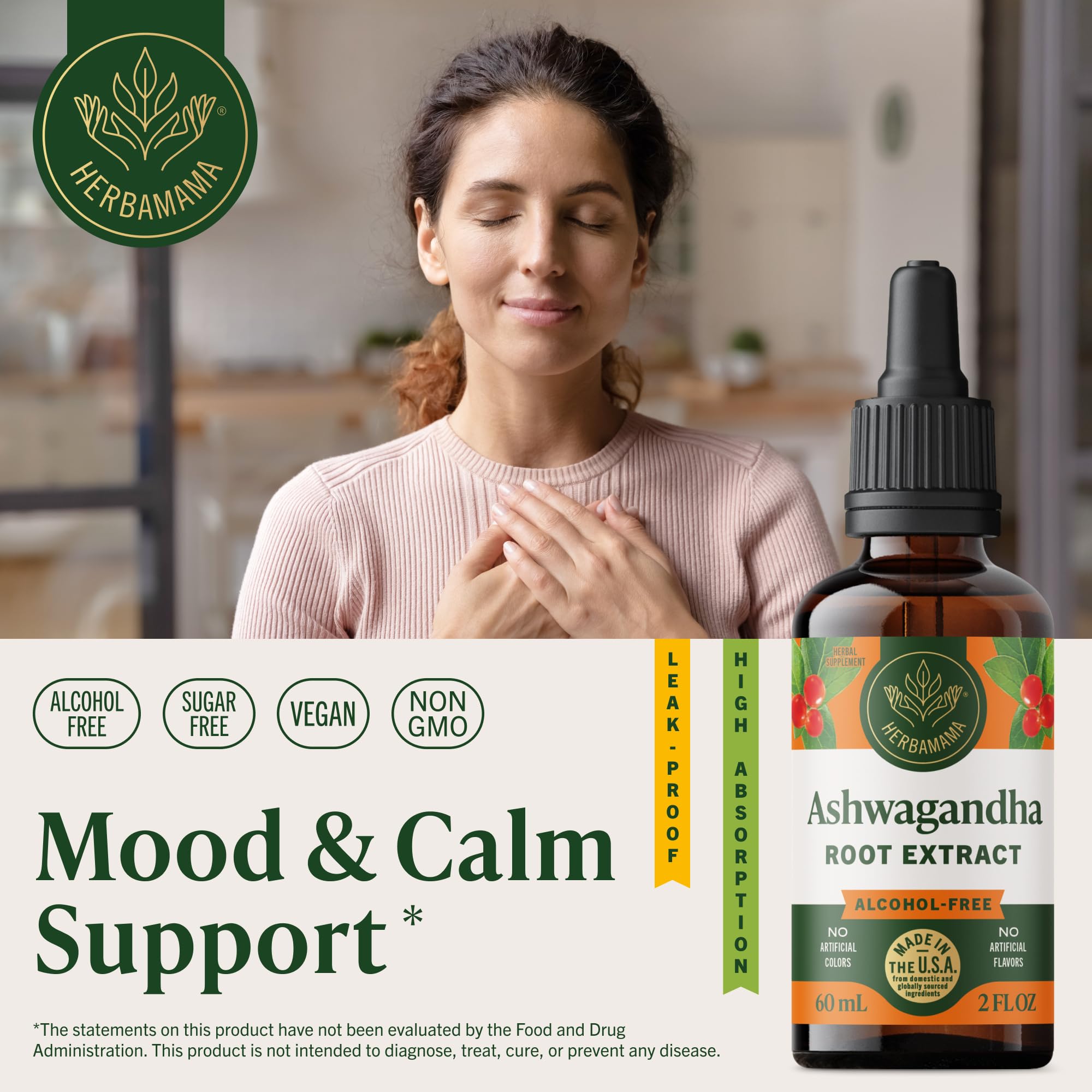 HERBAMAMA Ashwagandha: gota en vaso de agua para consumo fácil.