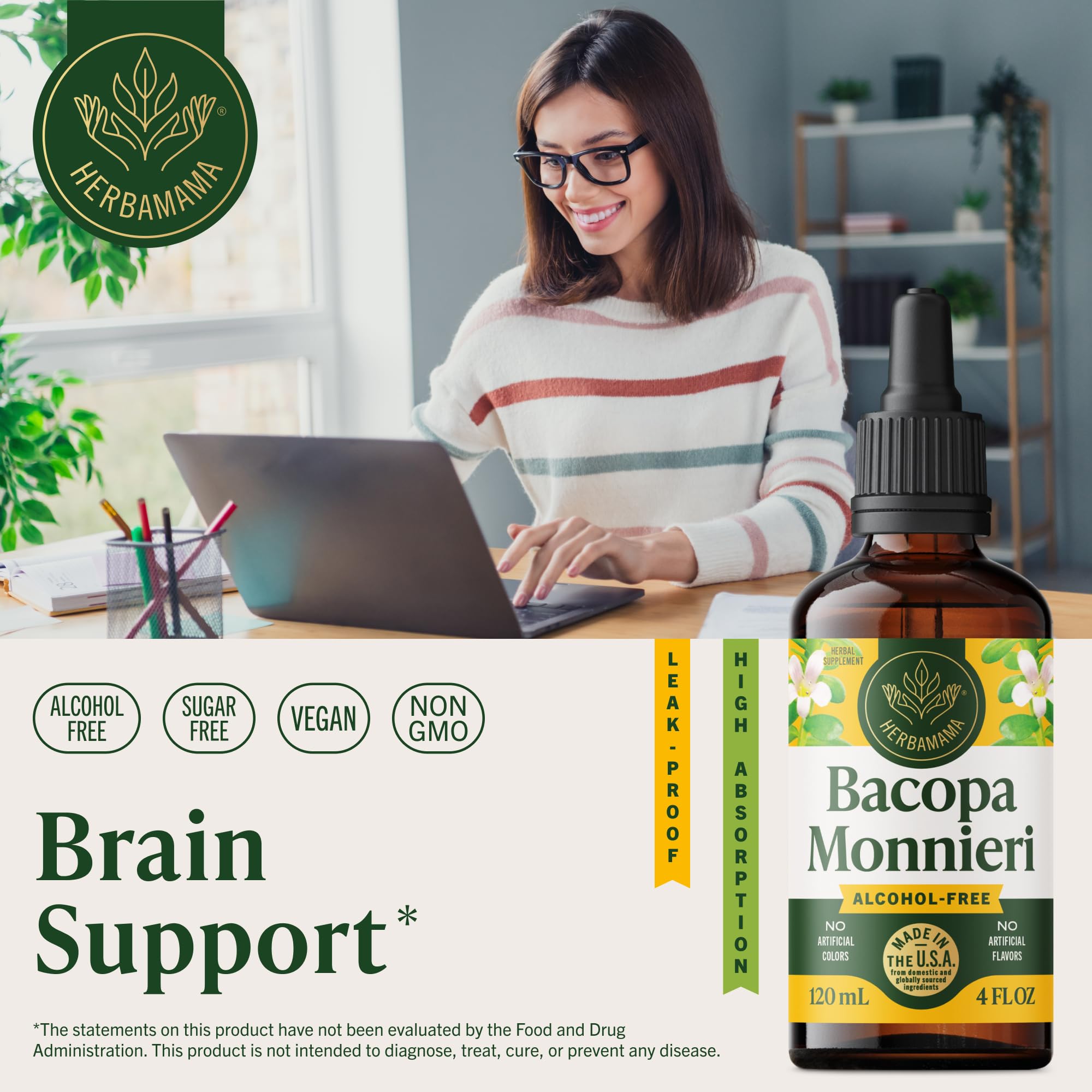 HERBAMAMA Bacopa monnieri gotero: absorción rápida para concentración durante el día.