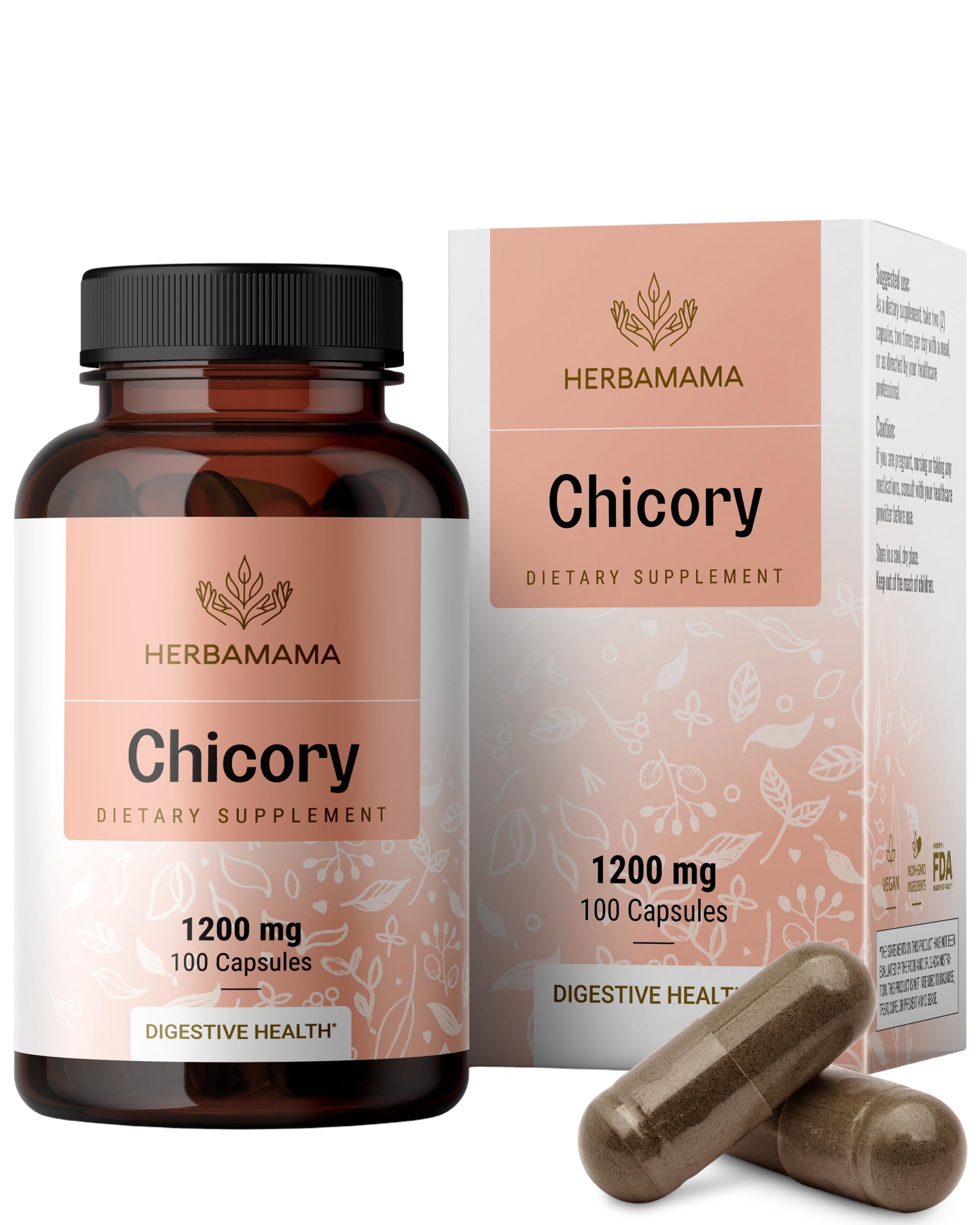 Cápsulas HERBAMAMA de fibra de achicoria para apoyo digestivo diario.