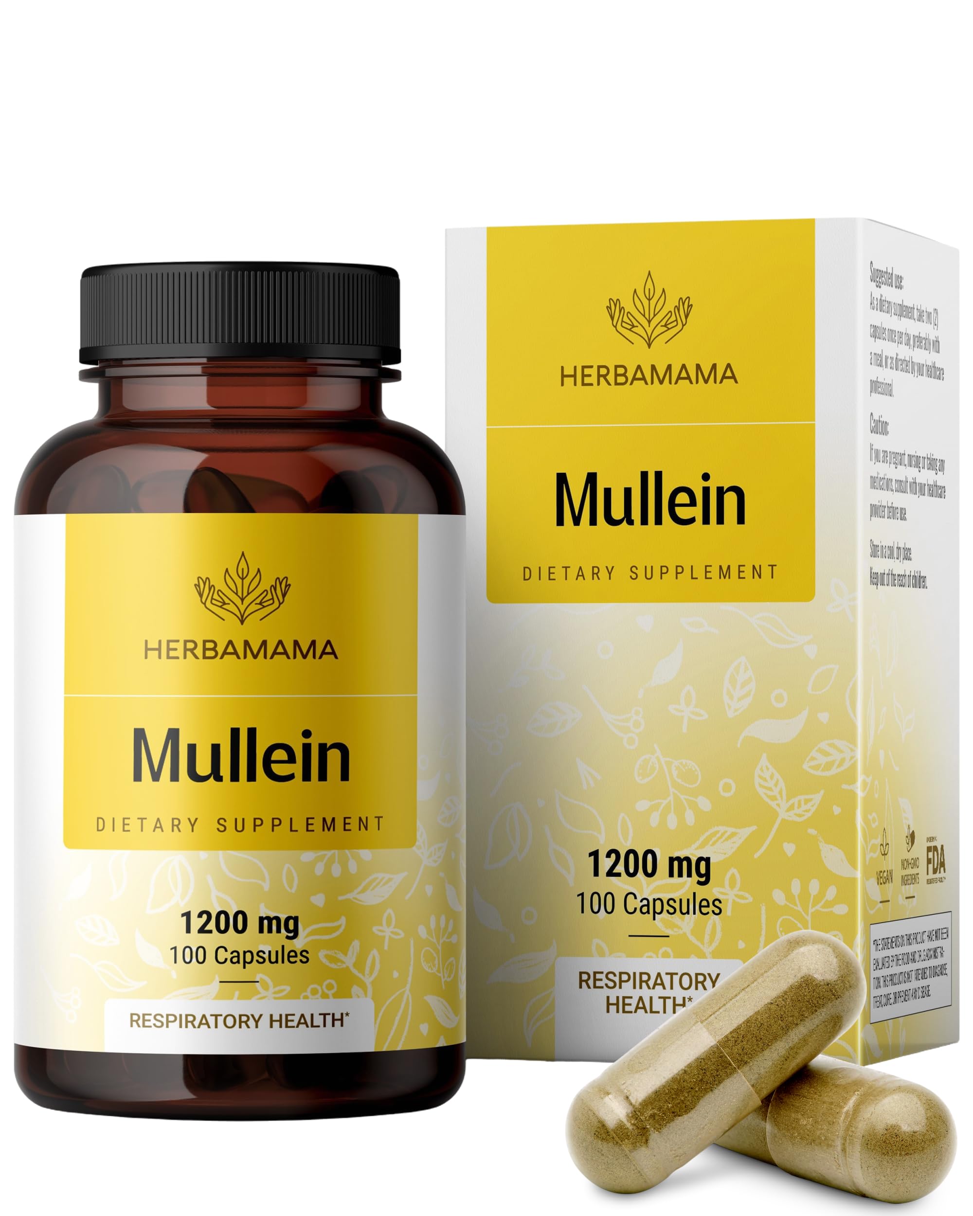 Cápsulas HERBAMAMA de mullein para soporte respiratorio en botella.