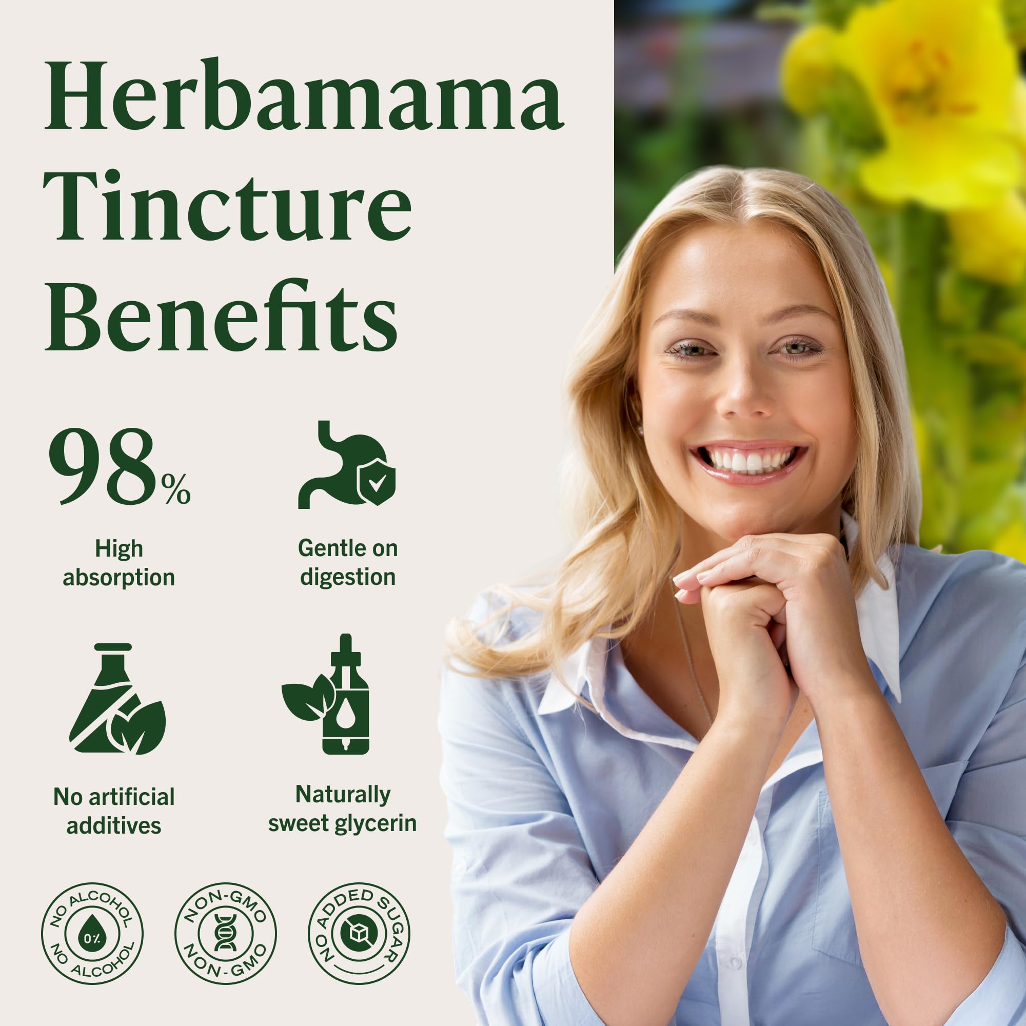 Fórmula vegana HERBAMAMA con glicerina vegetal, sin alcohol.