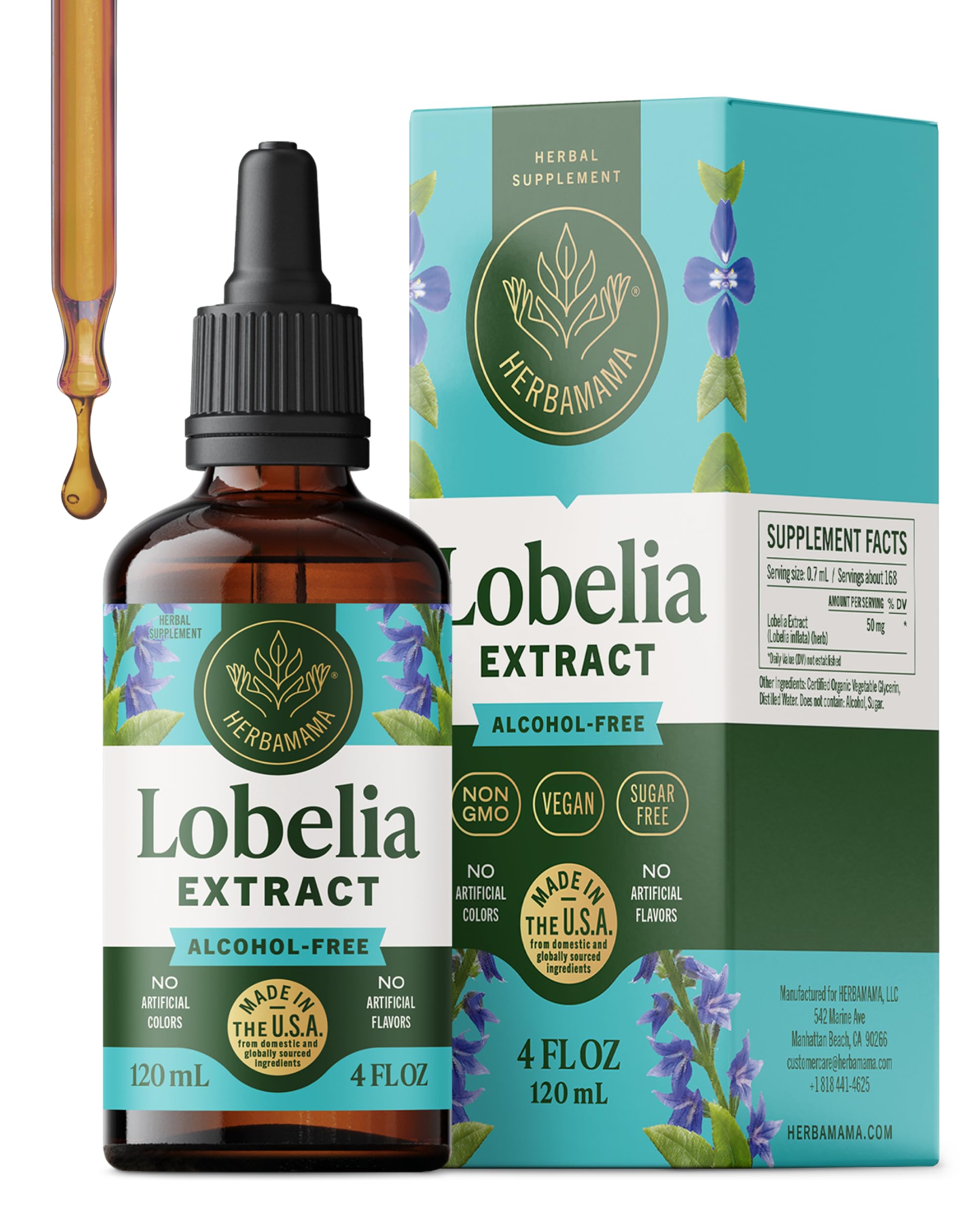 HERBAMAMA Lobelia tintura botella: posible apoyo al bienestar respiratorio diario.
