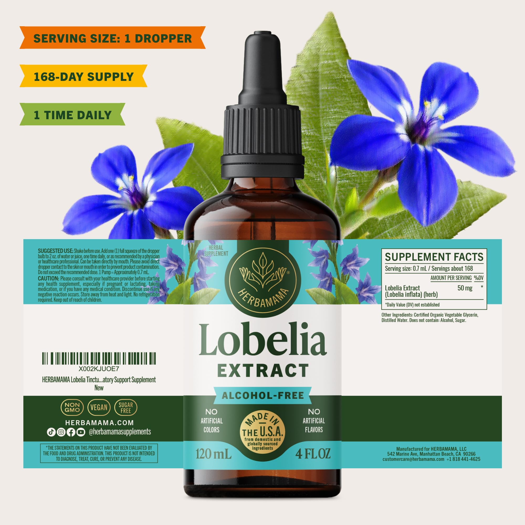 HERBAMAMA Lobelia tintura empaque sostenible: opción de envase ecoamigable.