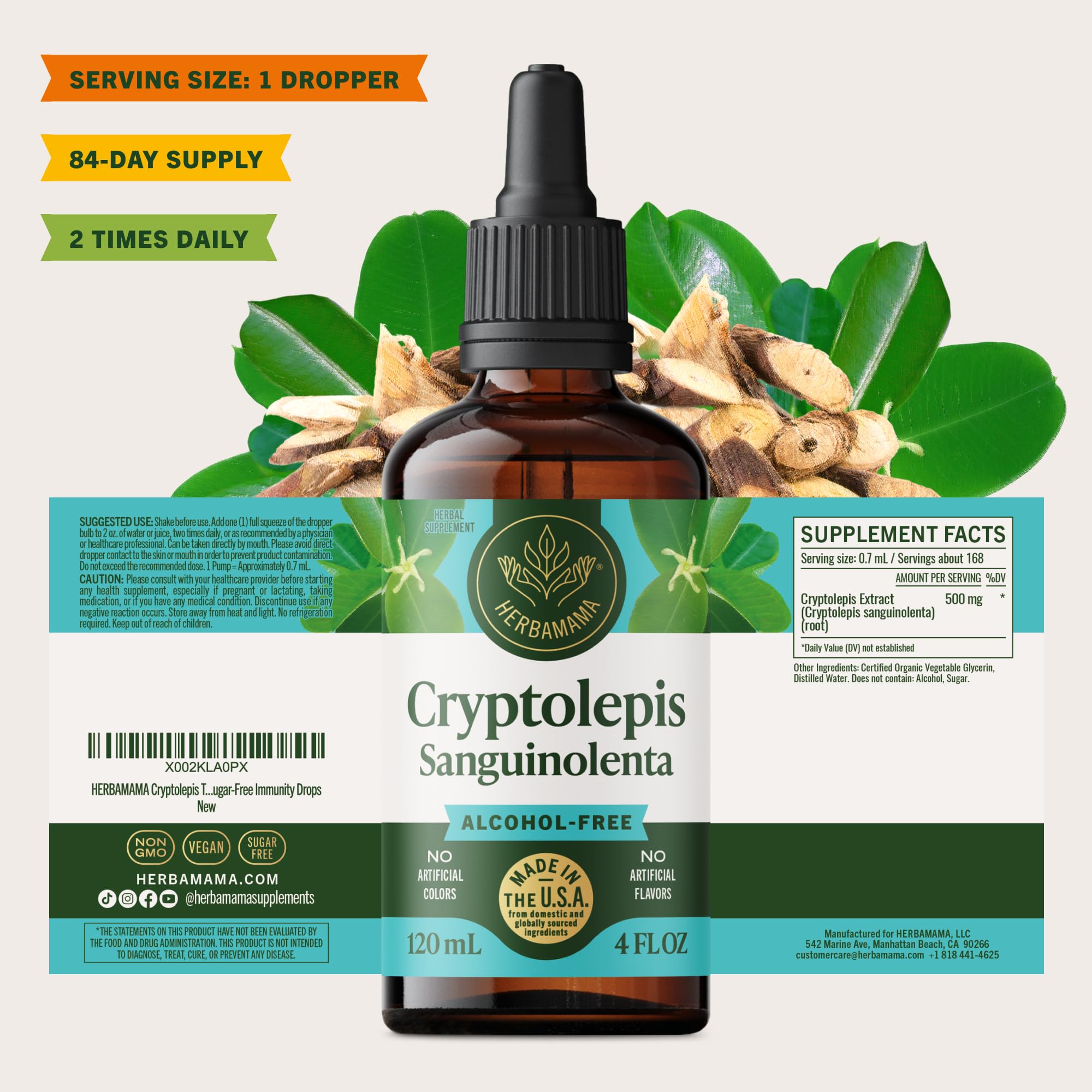 Botella de tintura HerbaMAMA Cryptolepis, suministro para 84 días.