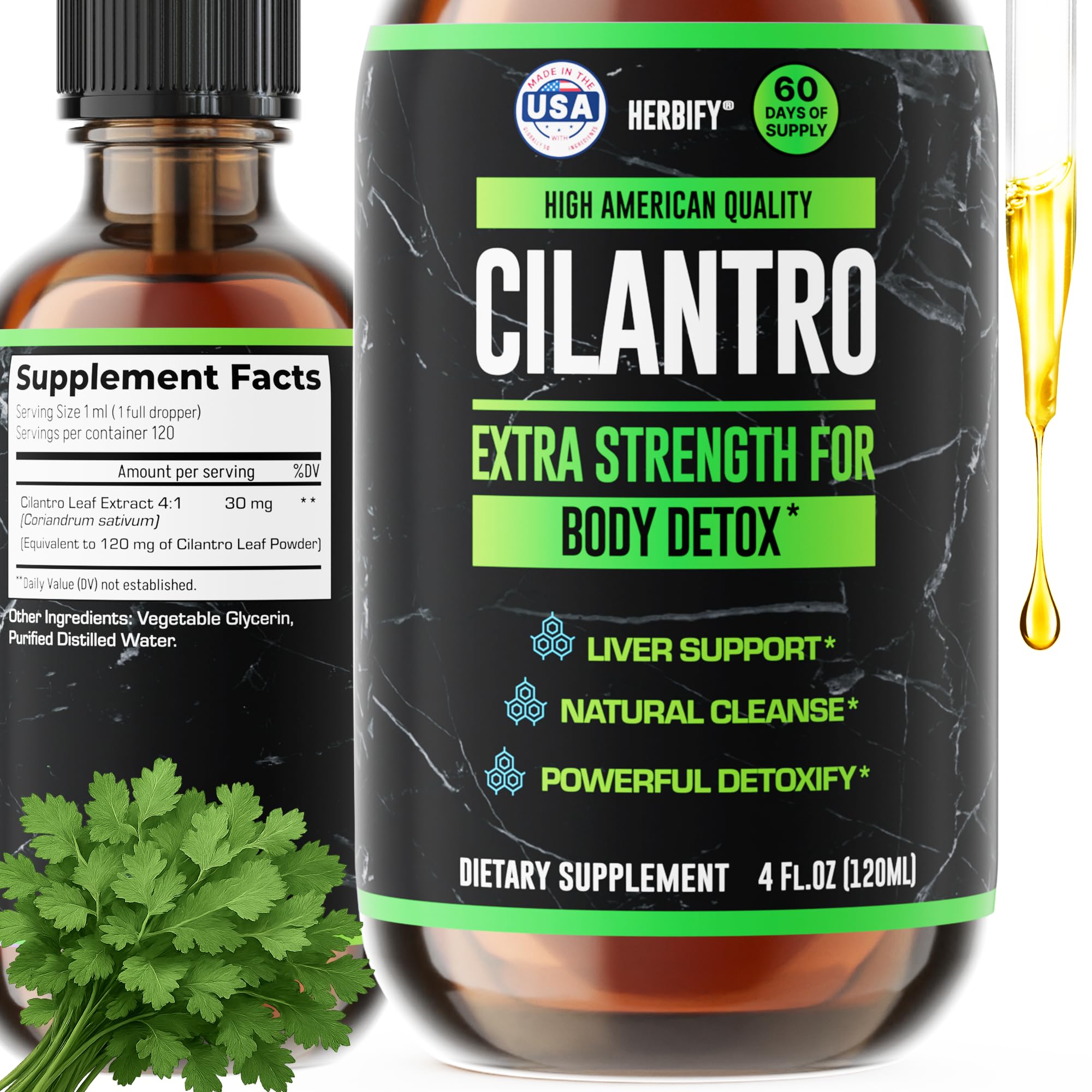 HERBIFY Cilantro Tintura en botella frontal, apoyo para bienestar diario