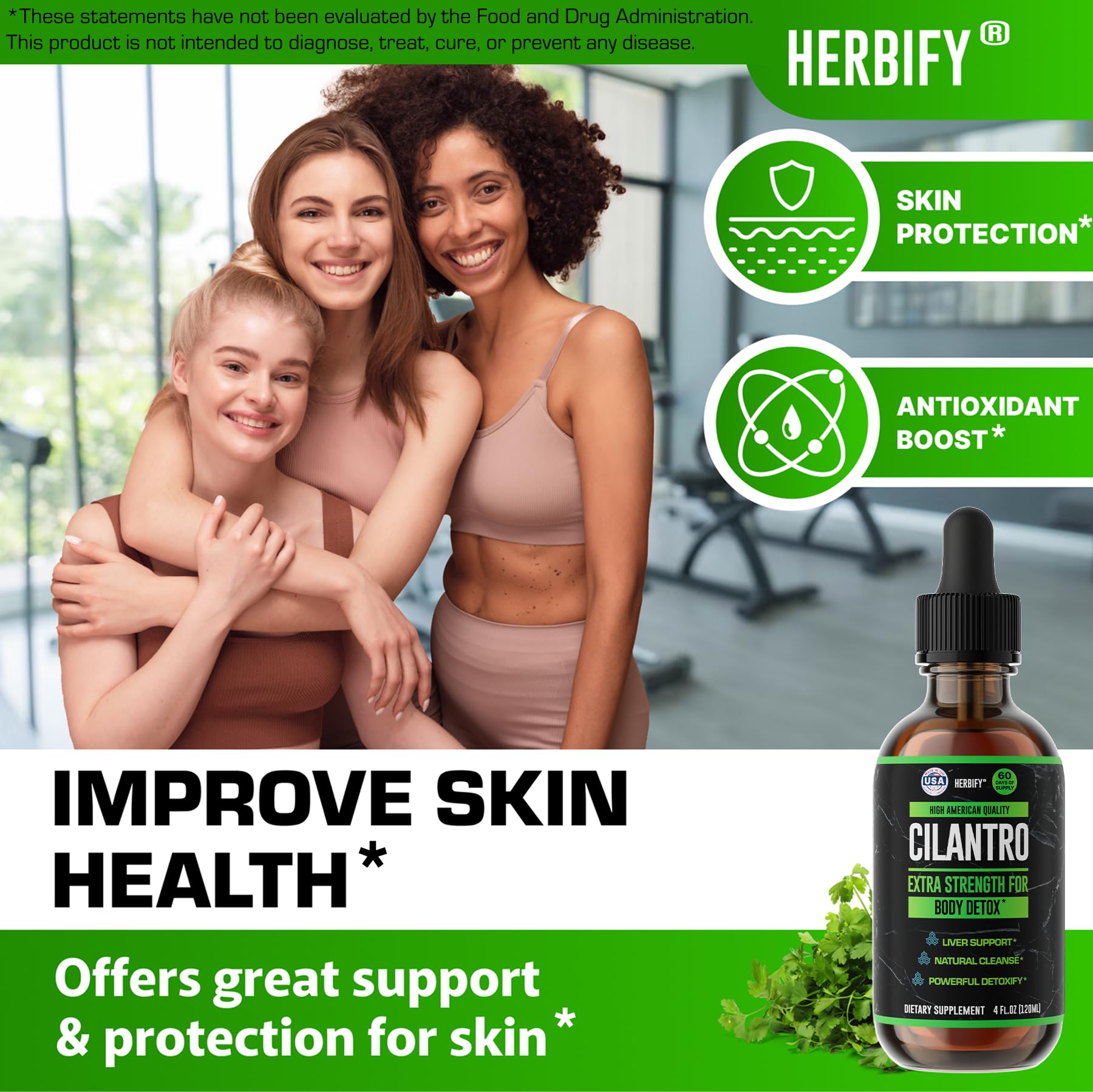 Etiqueta de HERBIFY Cilantro Tintura muestra antioxidantes y usos posibles