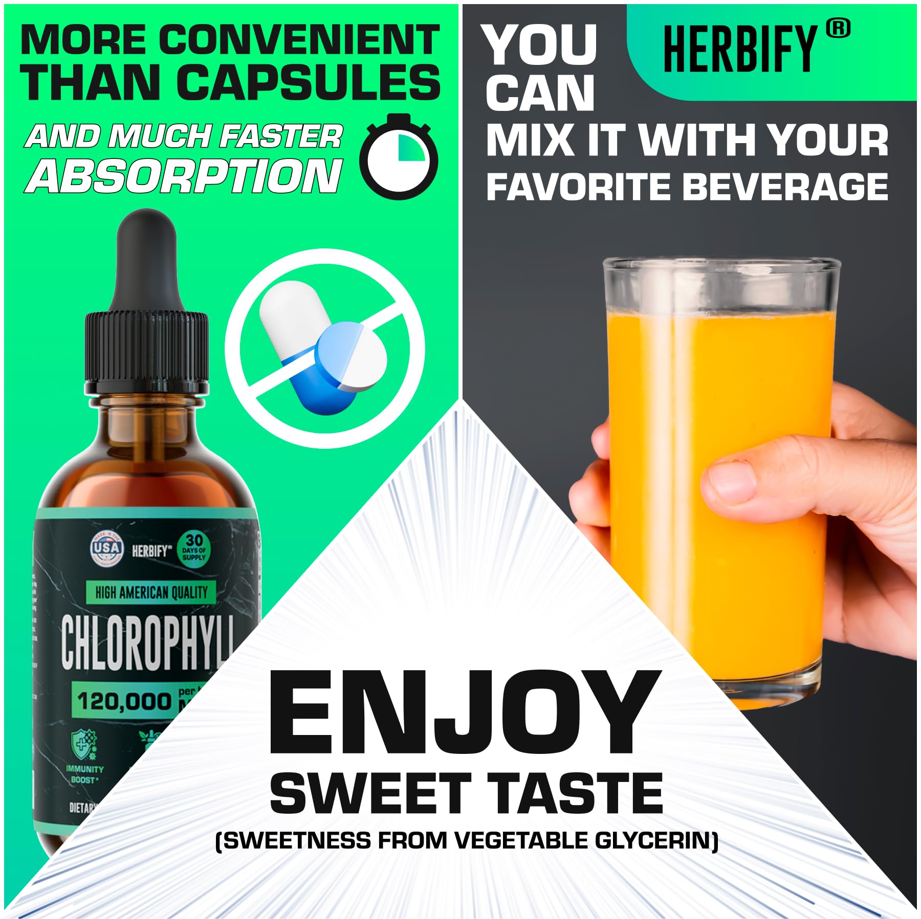 HERBIFY Gotas de clorofila, uso diario para bienestar general.