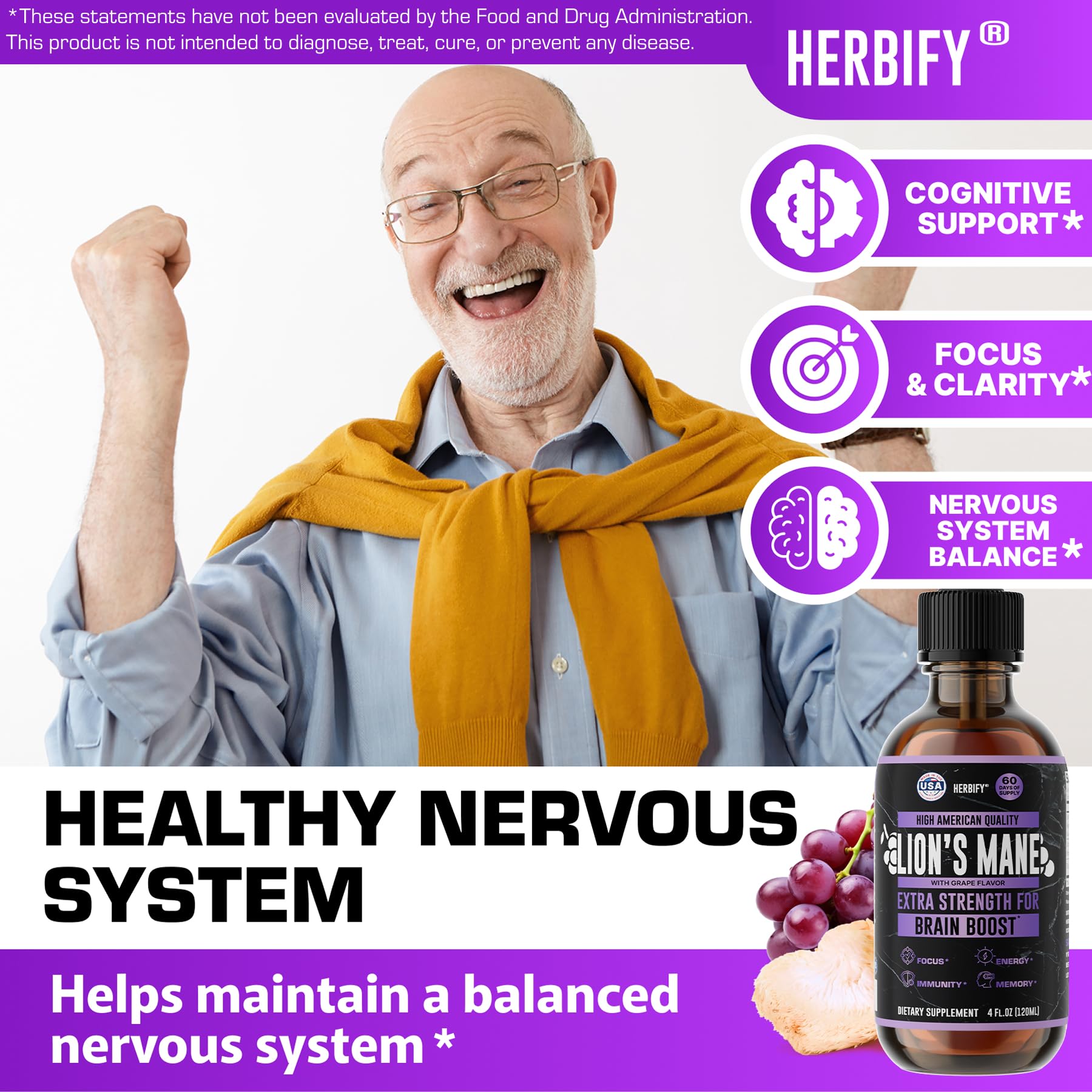 HERBIFY Lions Mane Extract etiqueta calidad: ingredientes estadounidenses y origen claro.